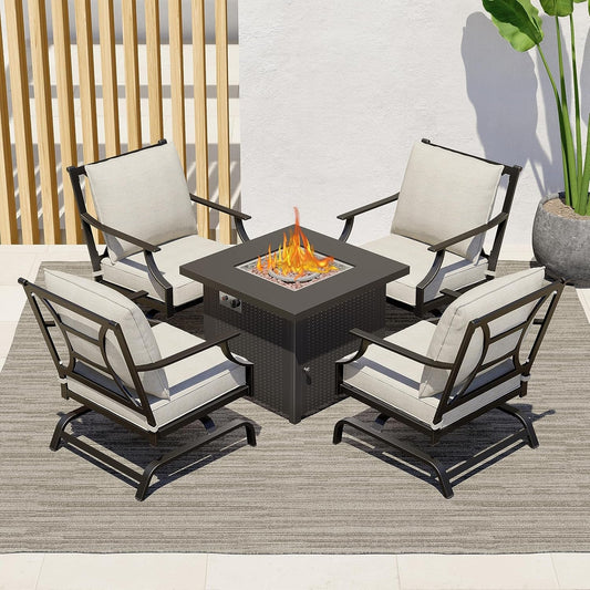 5-Piece Patio Furniture Sets with 30 Inch CSA Approved 50,000 BTU Square Propane Fire Pit Table,4 Rocking Frame Chairs with Gray Cushions-0