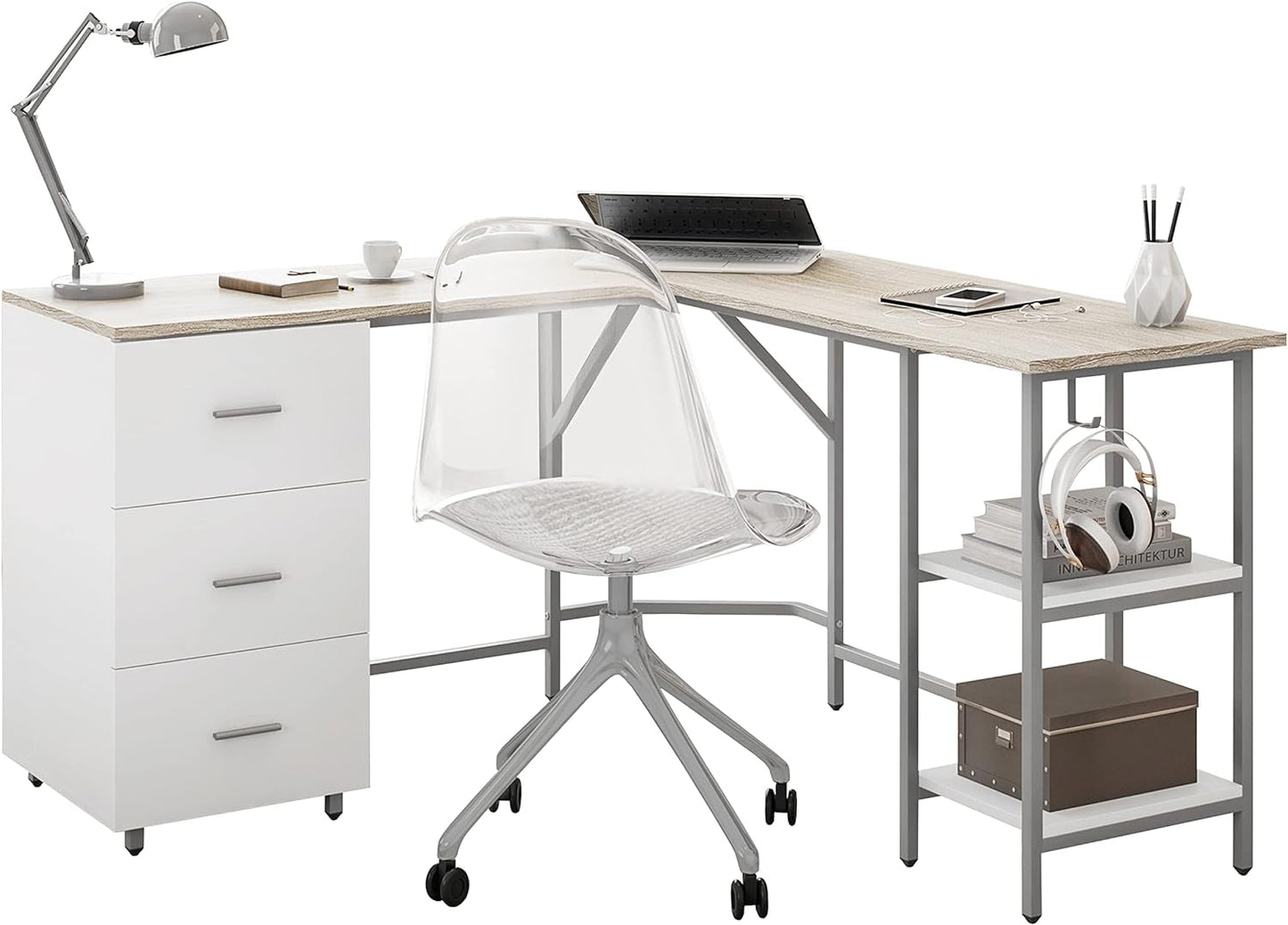 L Shaped Desk - Two-Toned Computer Desk with Drawers & Storage Shelves - Simple Modern Furniture & Home Office Space Corner Table for Work & Writing-0