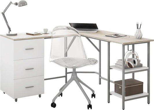 L Shaped Desk - Two-Toned Computer Desk with Drawers & Storage Shelves - Simple Modern Furniture & Home Office Space Corner Table for Work & Writing-0