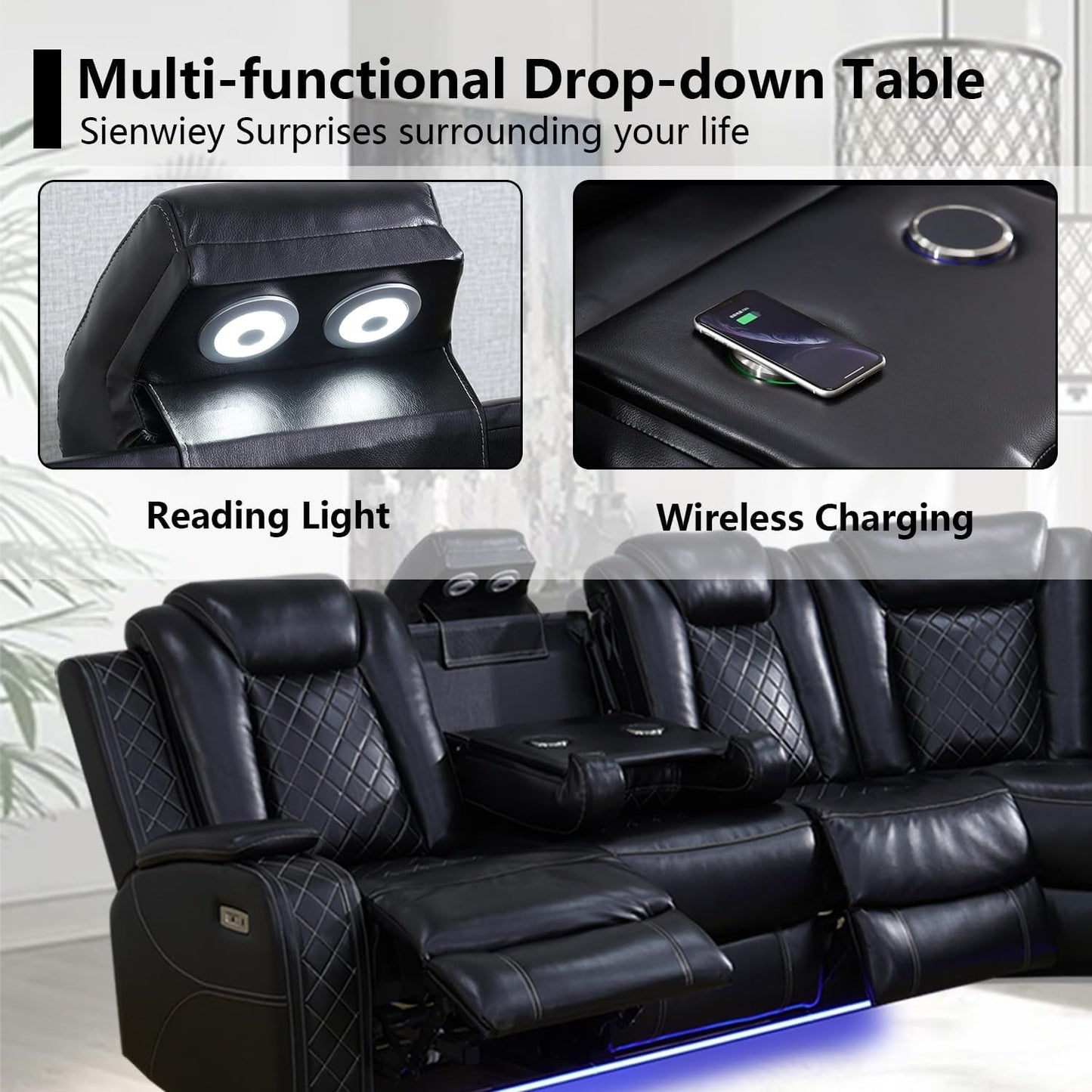 Black Leather Power Reclining Sectional Sofa，Sectional Couch with Recliner Living Room Set with LED Light/Read Light/Storage Console/Usb Port/Wireless Charge/Home Theater Seat-3