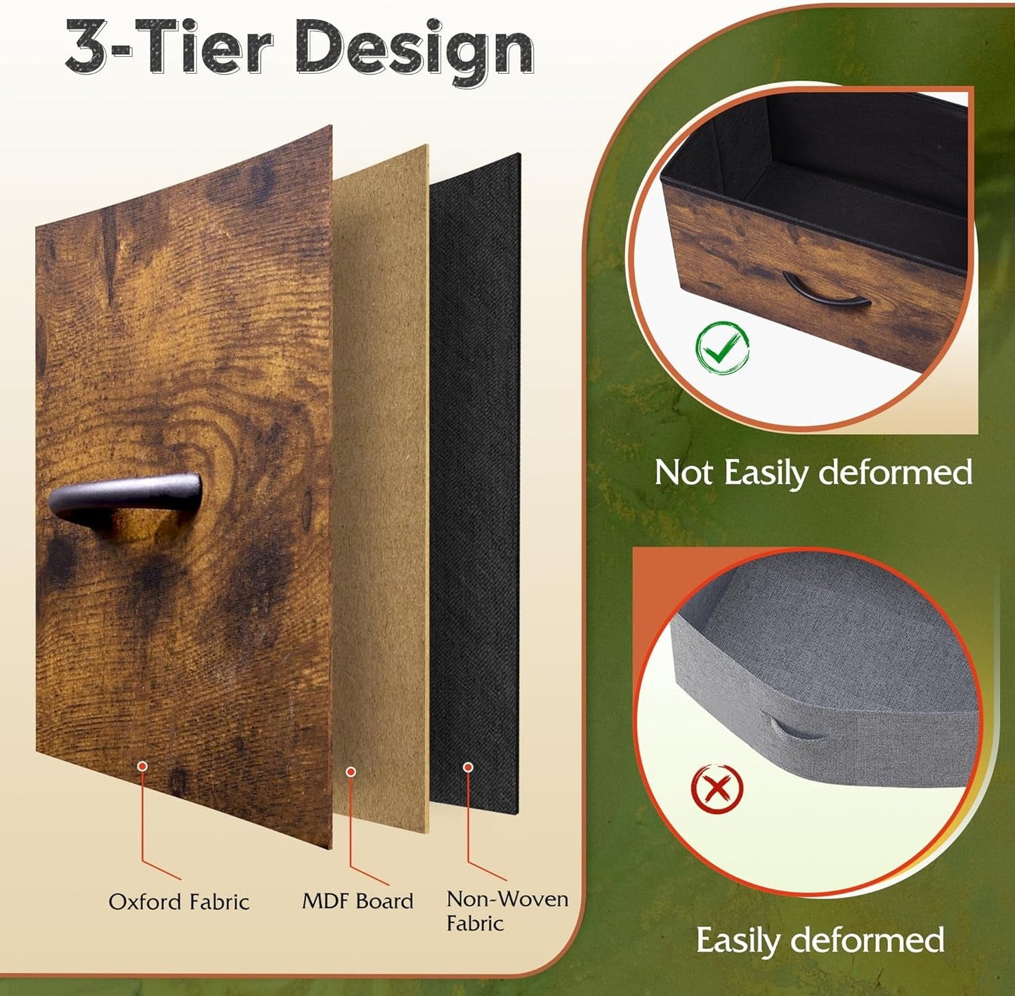 Dresser for Bedroom with 10 Drawers, Fabric Dresser Chest of Drawers with Side Pockets and Hooks, Sturdy Metal Frame, Drawers Organizer Unit for Room, Hallway, Rustic Brown Wood Grain Print-4