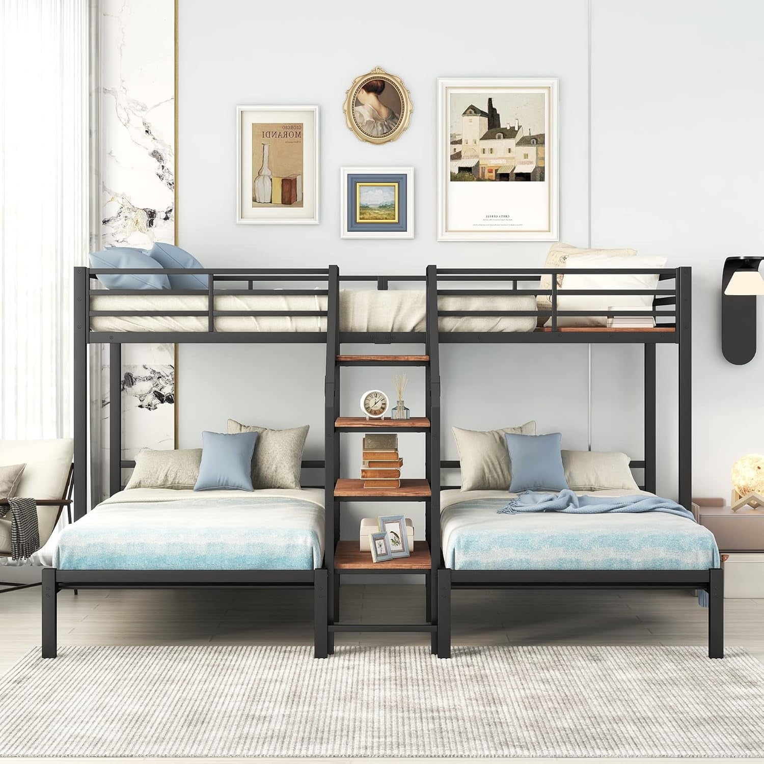 Twin over Twin & Twin Metal Bunk Bed, Triple Bunk Bed Frame with Storage Shelves Staircase, Black-2