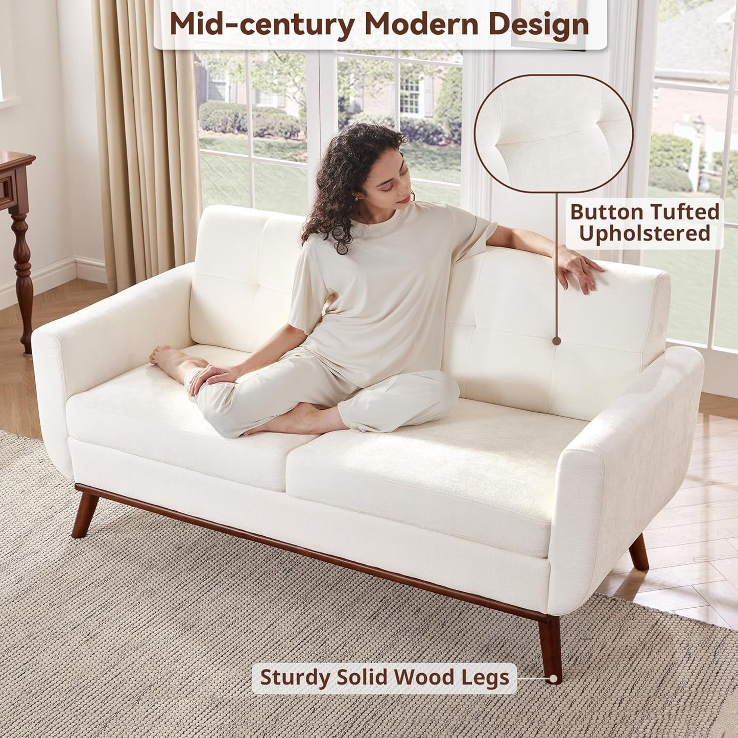 65.2" W Loveseat Sofa, Mid Century Modern Decor Love Seat Couches for Living Room, Button Tufted Upholstered Furniture, Solid & Easy to Install Small Couch for Bedroom Office Apartment, White-3