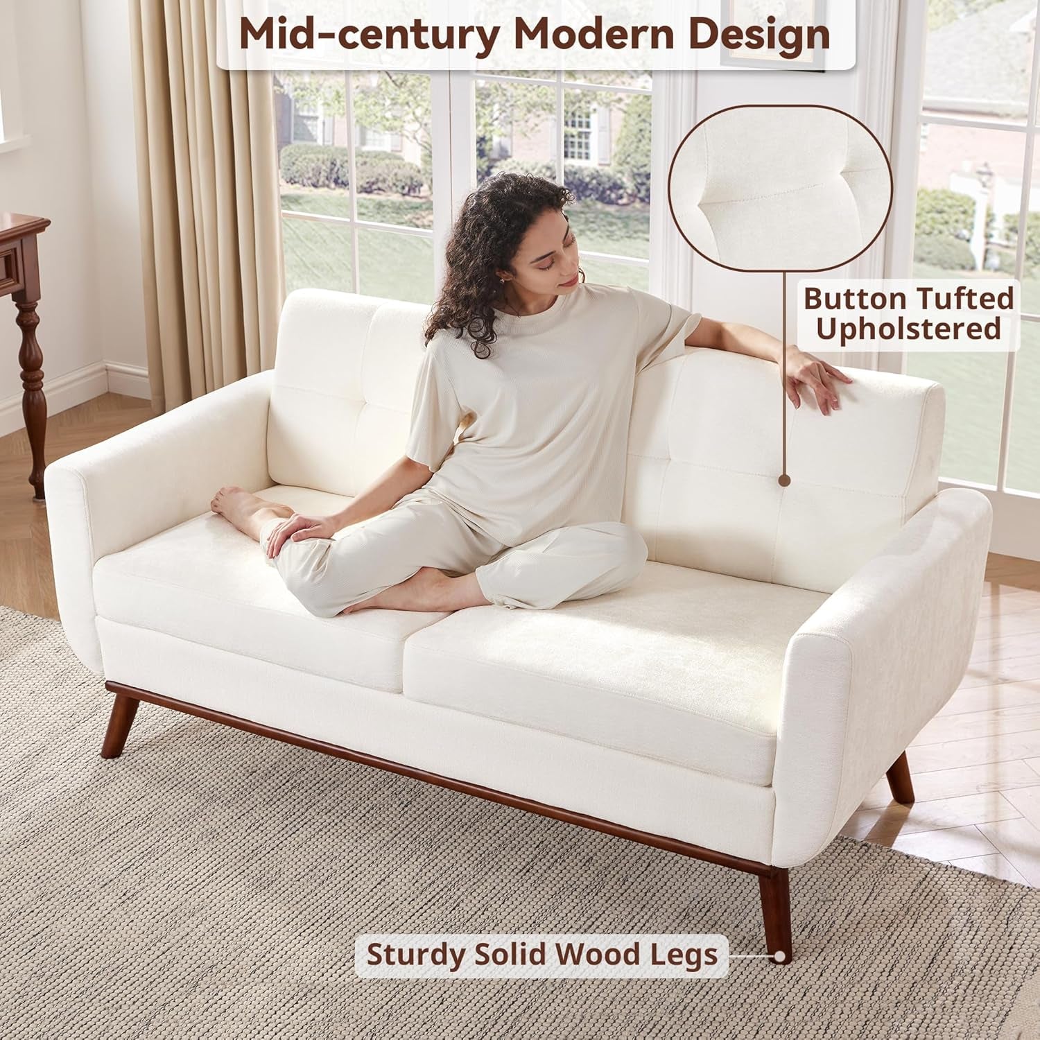 65.2" W Loveseat Sofa, Mid Century Modern Decor Love Seat Couches for Living Room, Button Tufted Upholstered Furniture, Solid & Easy to Install Small Couch for Bedroom Office Apartment, White-3