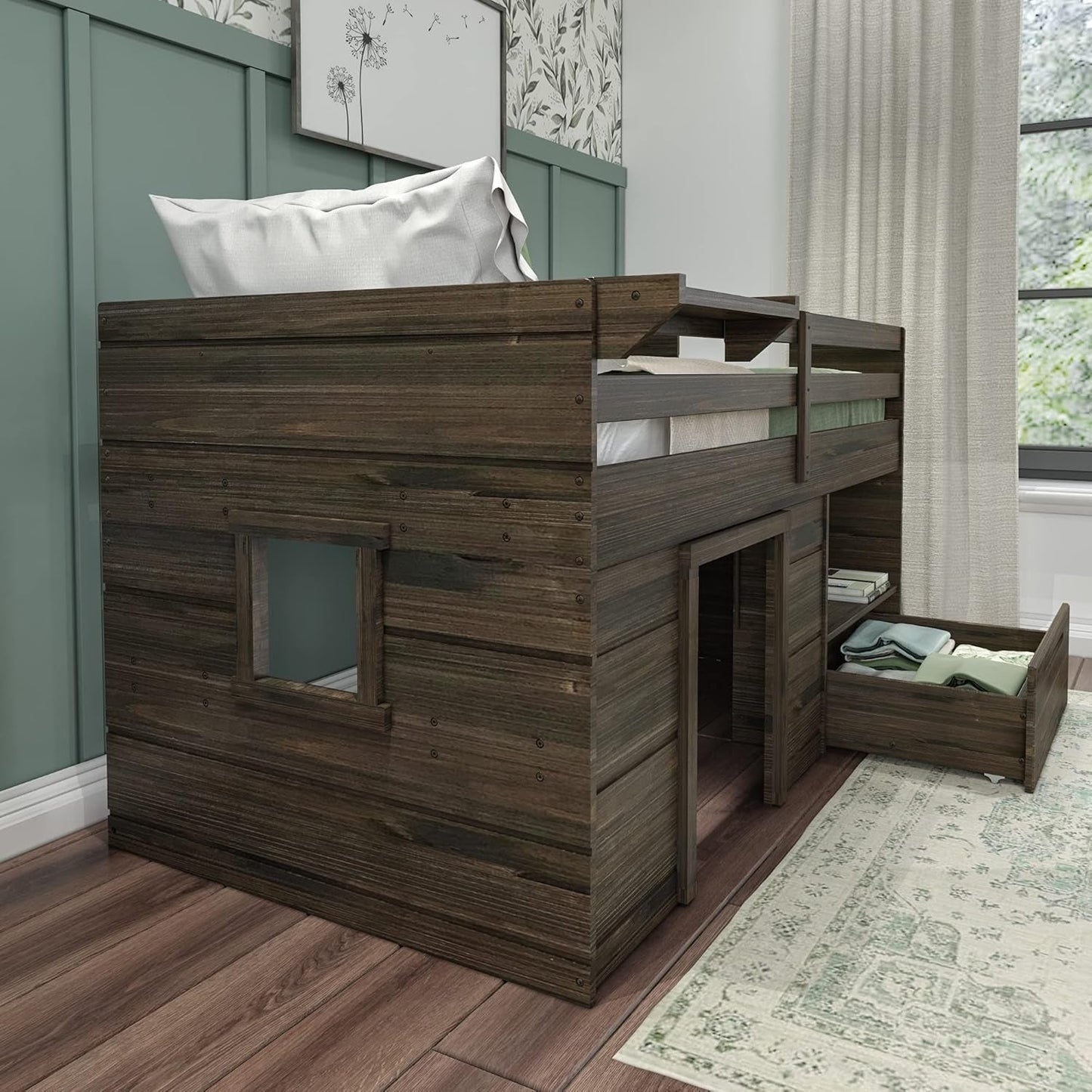 Loft Bed Twin Size, Solid Wood Low Loft Bed with Storage Drawer and Ladder, Modern Farmhouse Loft Bed for Kids, Barnwood Brown-3