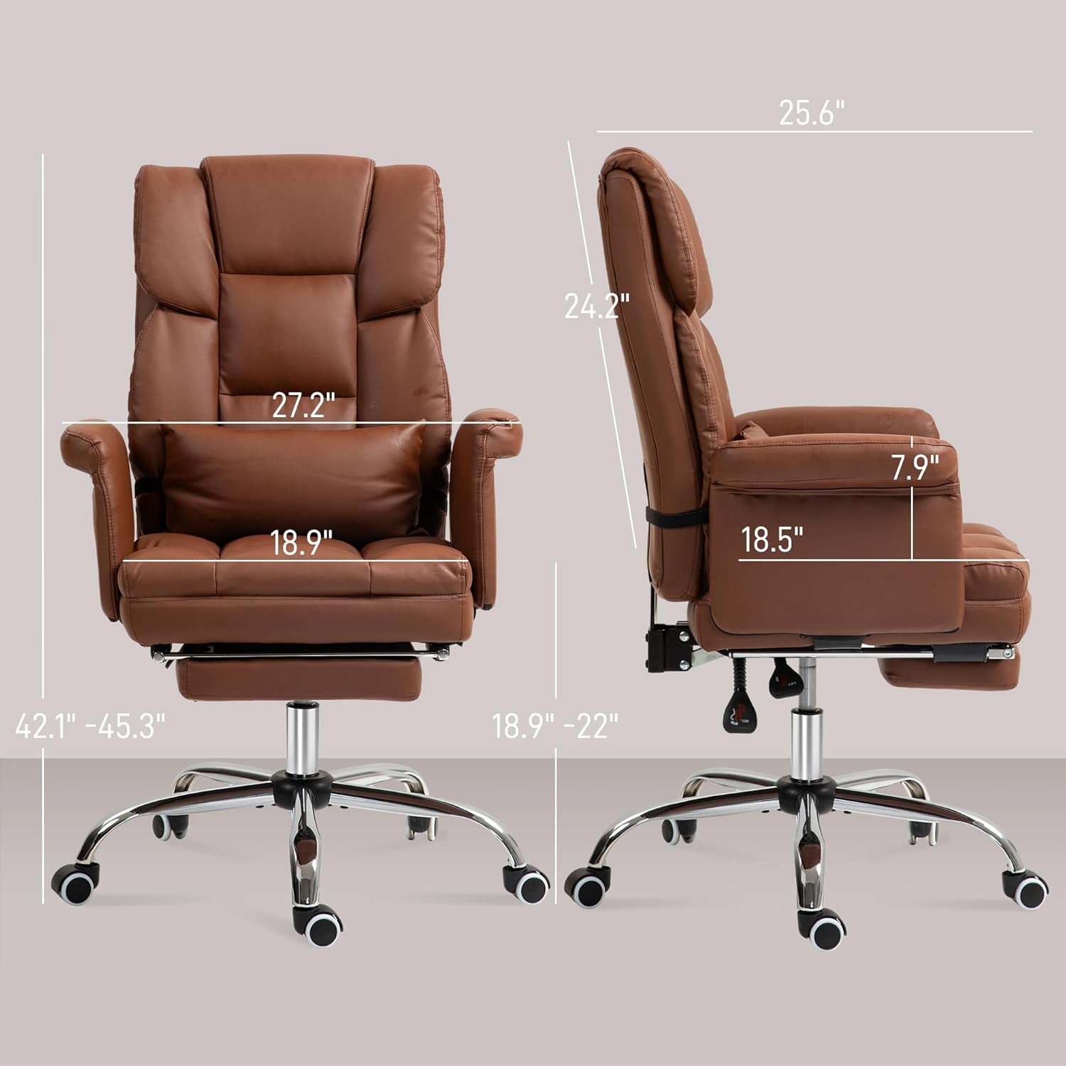 Executive Office Chair with Footrest and Lumbar Support, PU Leather Ergonomic Office Desk Chair, Reclining and Swivel Chair, Brown-2
