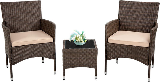 Outdoor Patio Furniture Set，3 Pieces Wicker Bistro Set Outdoor Patio Set Rattan Chair Conversation Sets Patio Sofa Wicker Table Set for Yard Backyard Lawn Porch Poolside Balcony (Khaki)-0