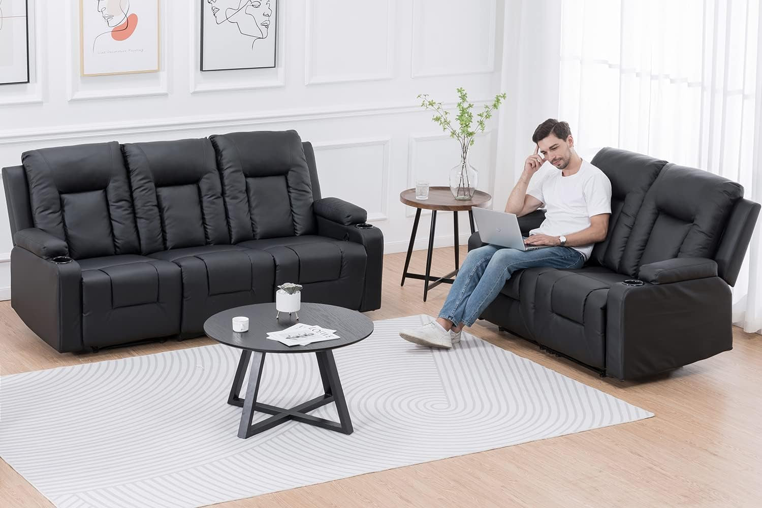 Recline Chair Set，Furniture 2PC Bonded Leather Recliner Set Living Room Set, Sofa, Loveseat（Black,Living Room Set3+2）-2