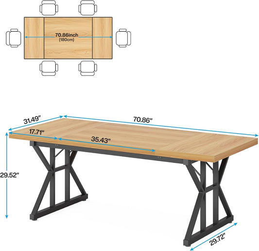 Farmhouse Dining Table for 6 People, 70.8-Inch Rectangular Wood Dining Table, Rustic Kitchen Table with Heavy Duty Metal Legs for Dining Room-1