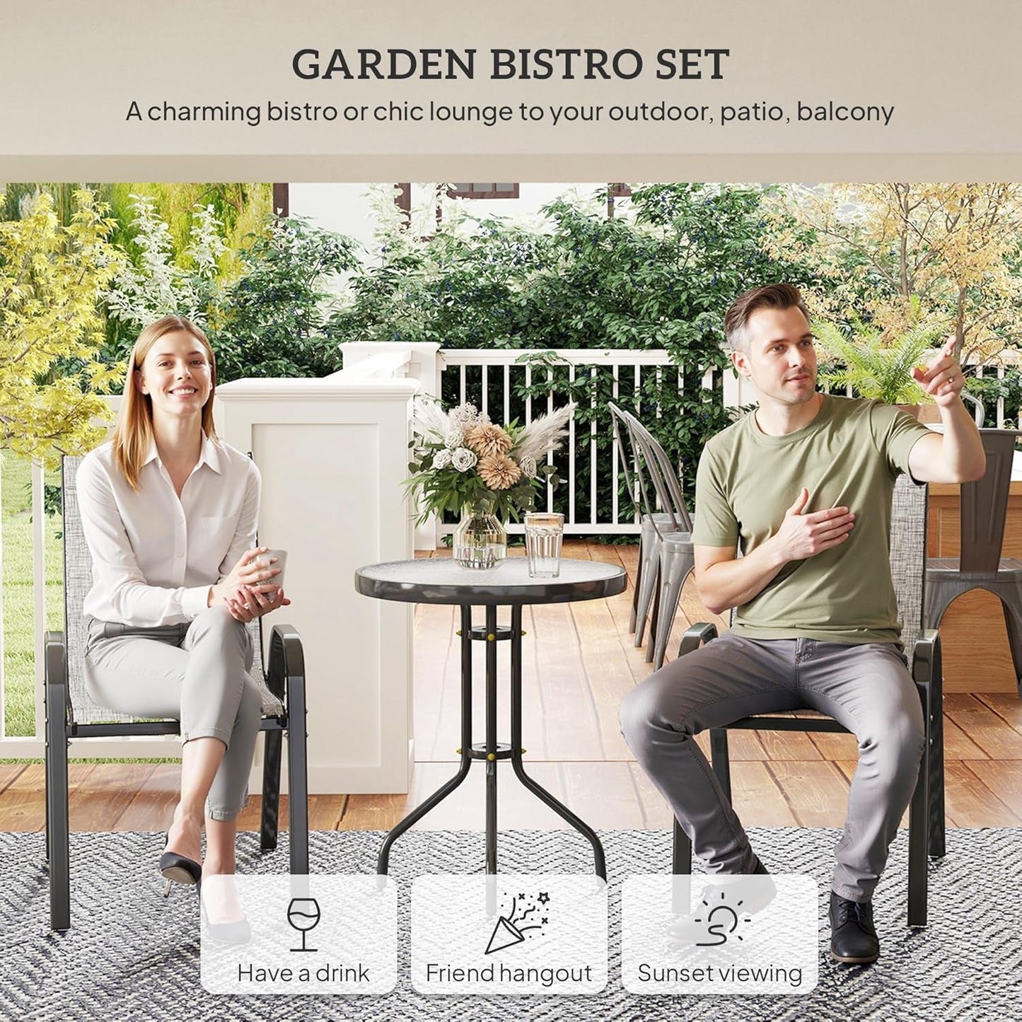 3 Pieces Outdoor Bistro Set, Small Patio Set with Stackable Mesh Chairs and Glass Top Table, High Back Patio Furniture Set for Backyard, Balcony, Garden, Gray-2
