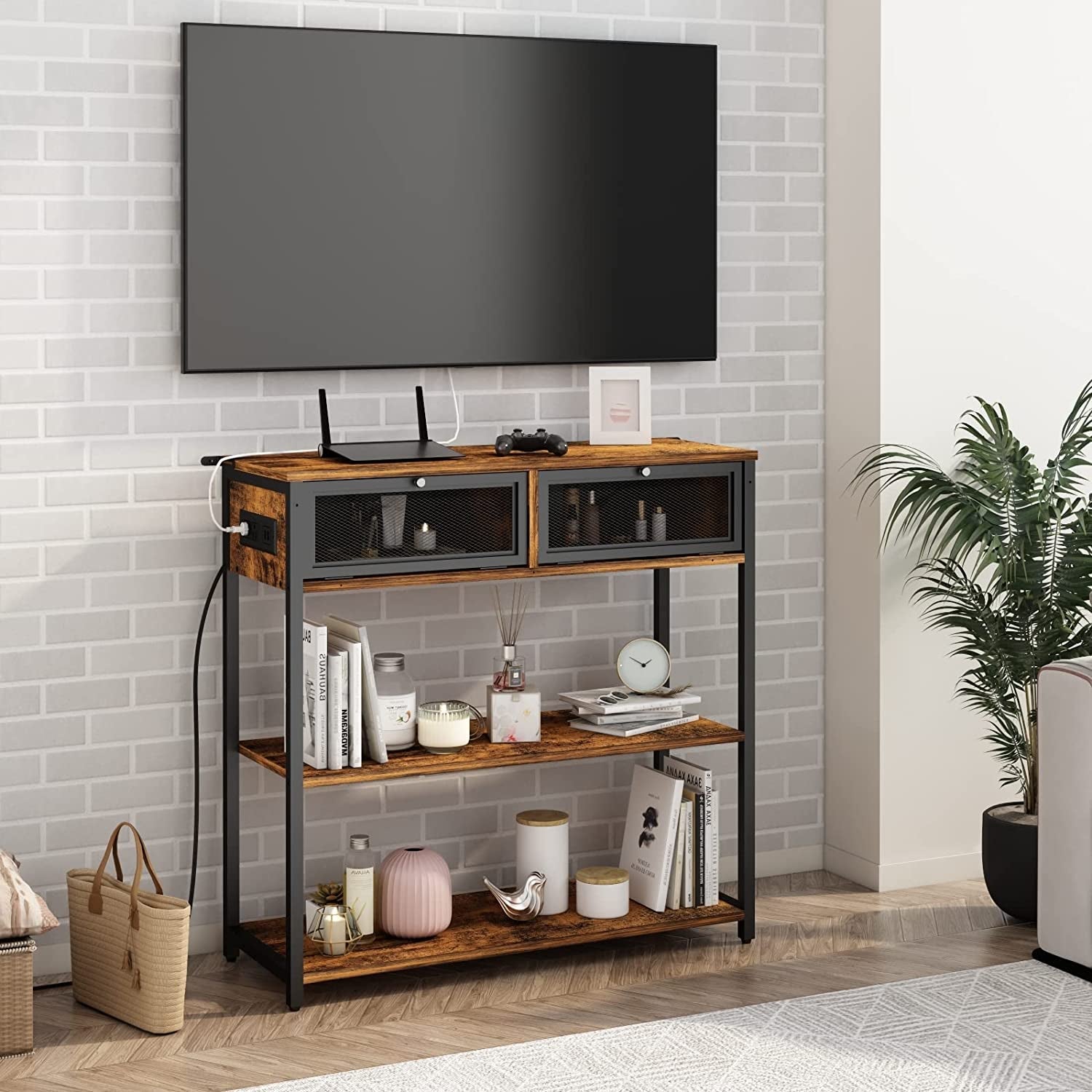 Charging Console Table with Storage Shelves-0