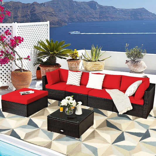 6 Pieces Outdoor Patio Rattan Sectional Sofa Set with Coffee Table-0