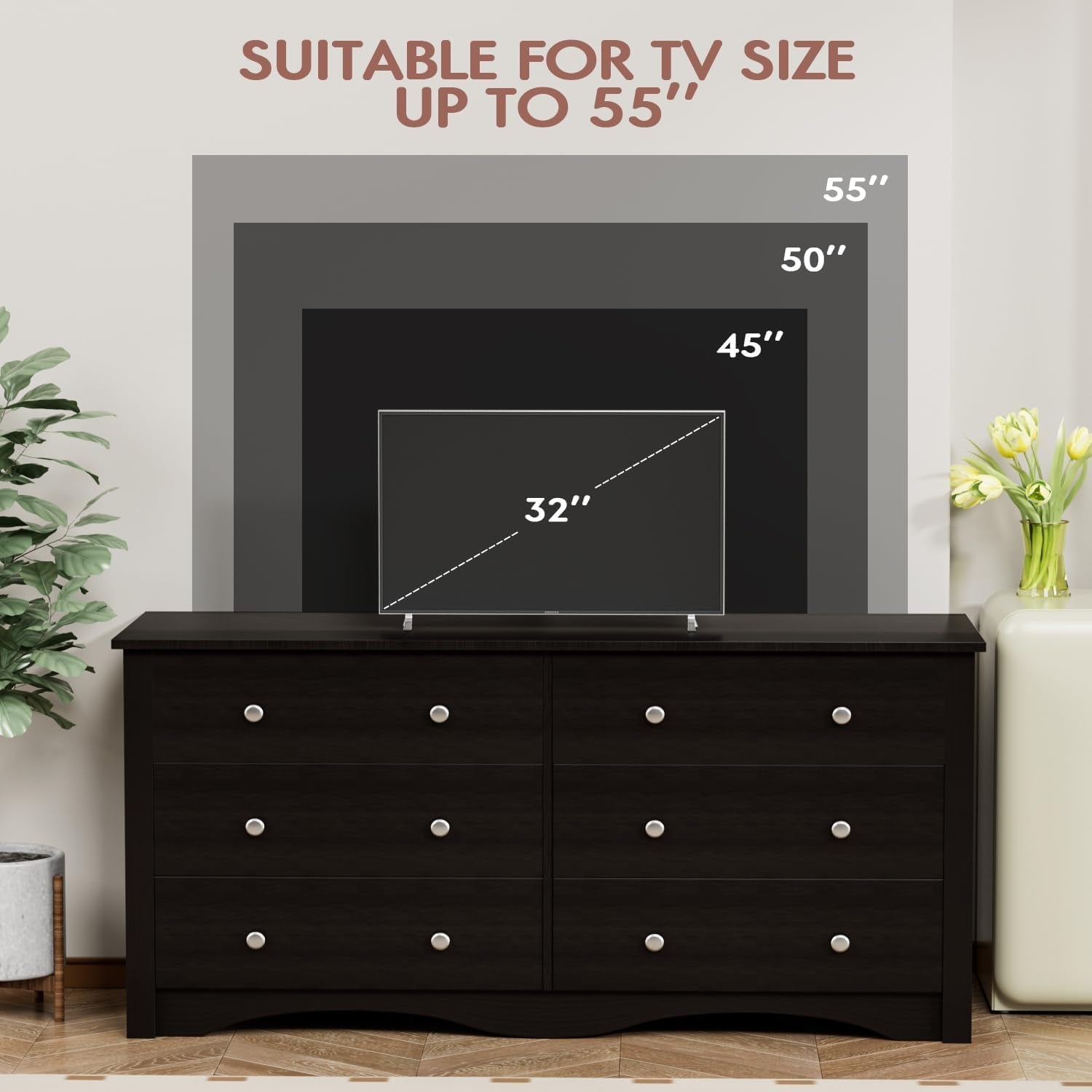 Dresser with 6 Drawer, Wood Wide Chest Storage Organizer and TV Stand for Living Room, Hallway, Dormitory, Brown-2