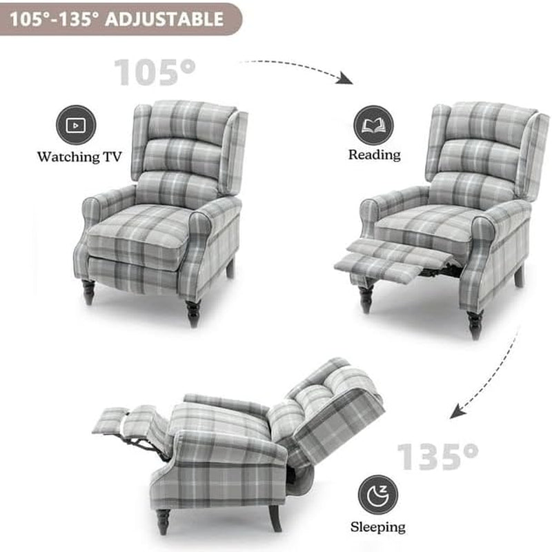 Upholstered Wingback Recliner Chair, Plaid Recliner Chair Armchair Adjustable Footrest Push Back Reclining Sofa, Mid-Century Modern Lounge Armchair for Living Room, Bedroom, Reading - Blue-3