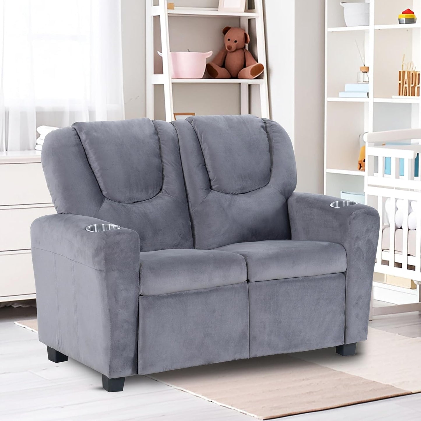 Suri Kids Recliner Loveseat – Spacious Toddler Recliner Chair Ages 3-5 with Cup Holders, Push-Back Function, and Adjustable Footrest - Gray-0