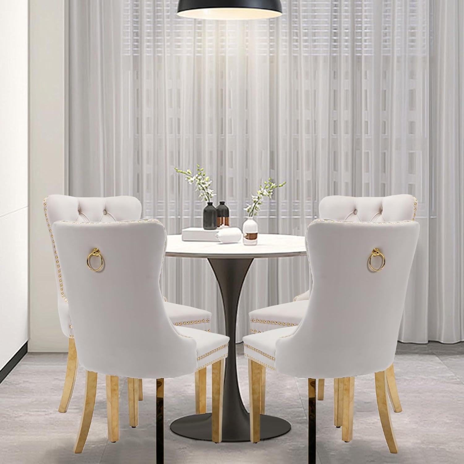 Velvet Upholstered Dining Chairs Set of 4, Modern Style Kitchen Side Chairs with Nailhead Trim and Gold Plated Leg, Metal Pulling Ring for Dining Room Living Room(Beige-Gold Plated Leg)-1