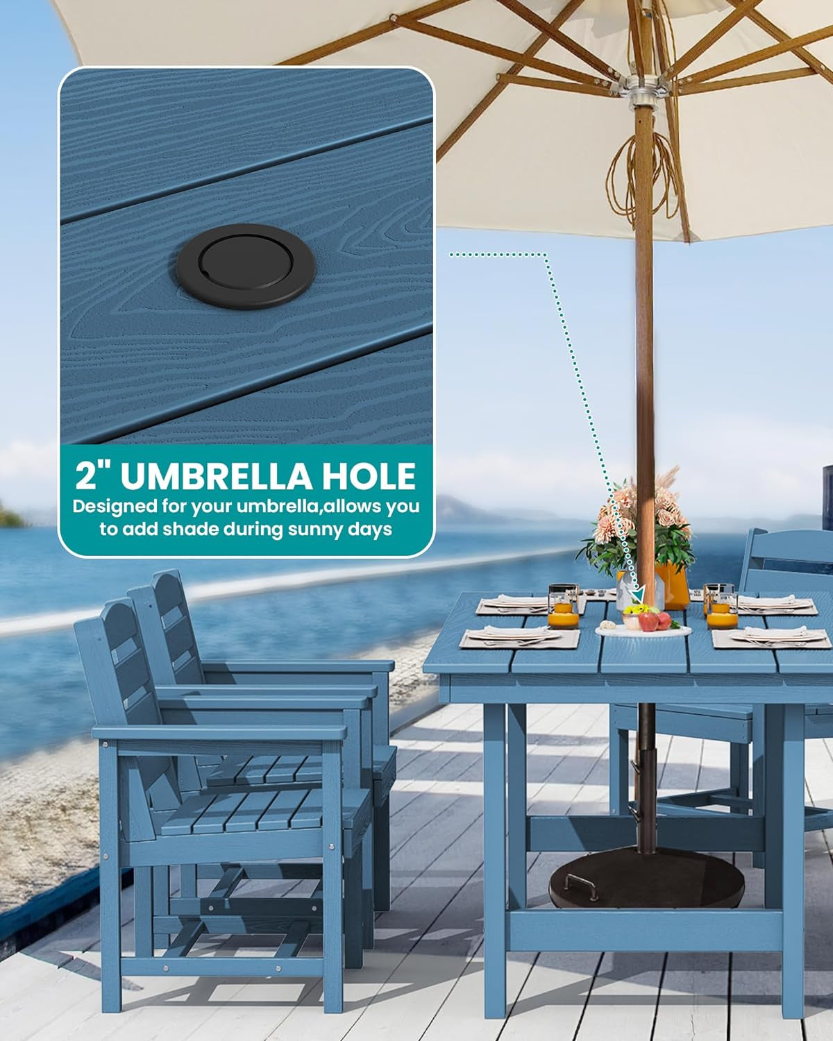 7-Piece Patio Dining Table Sets, Outdoor HDPE Dining Furniture Set with Umbrella Hole Cut-Out Table and 6 Chairs, Blue-2