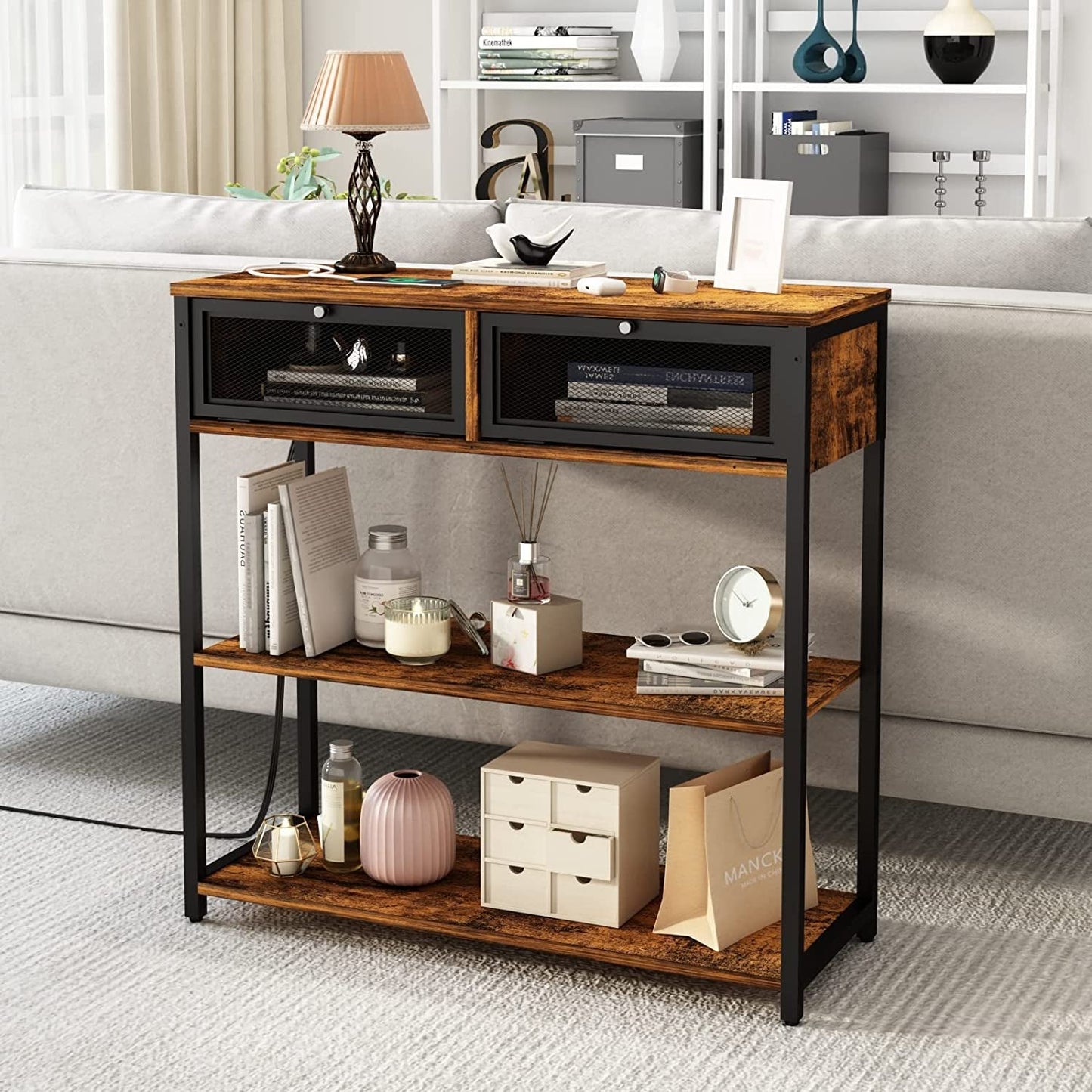 Charging Console Table with Storage Shelves-3