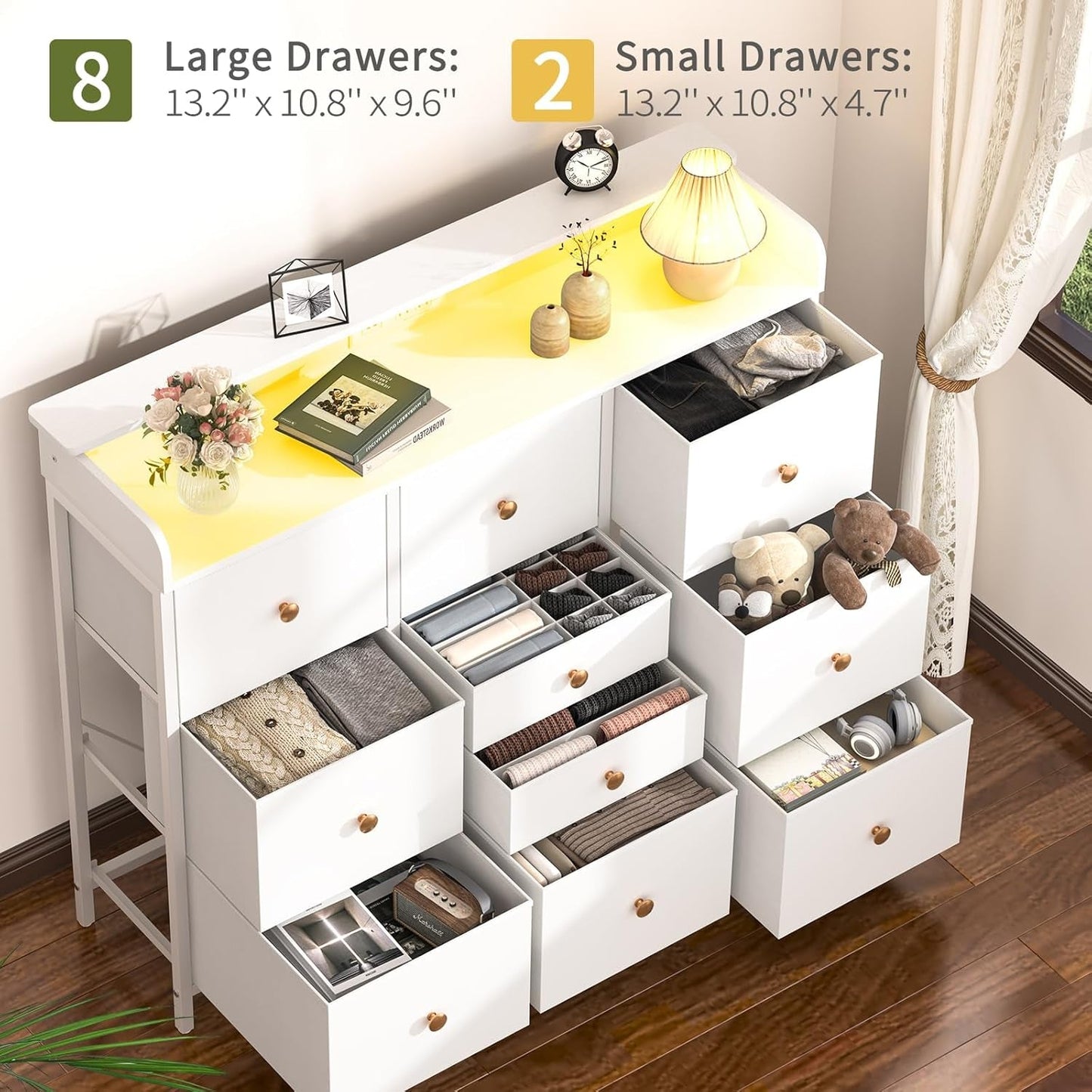 Dresser for Bedroom with Charging Station and LED Lights, Tall Dresser TV Stand with 10 Storage Drawers,Fabric White Dressers & Chests of Drawers,Wood Dresser for Kids Bedroom Closet Organizer-3