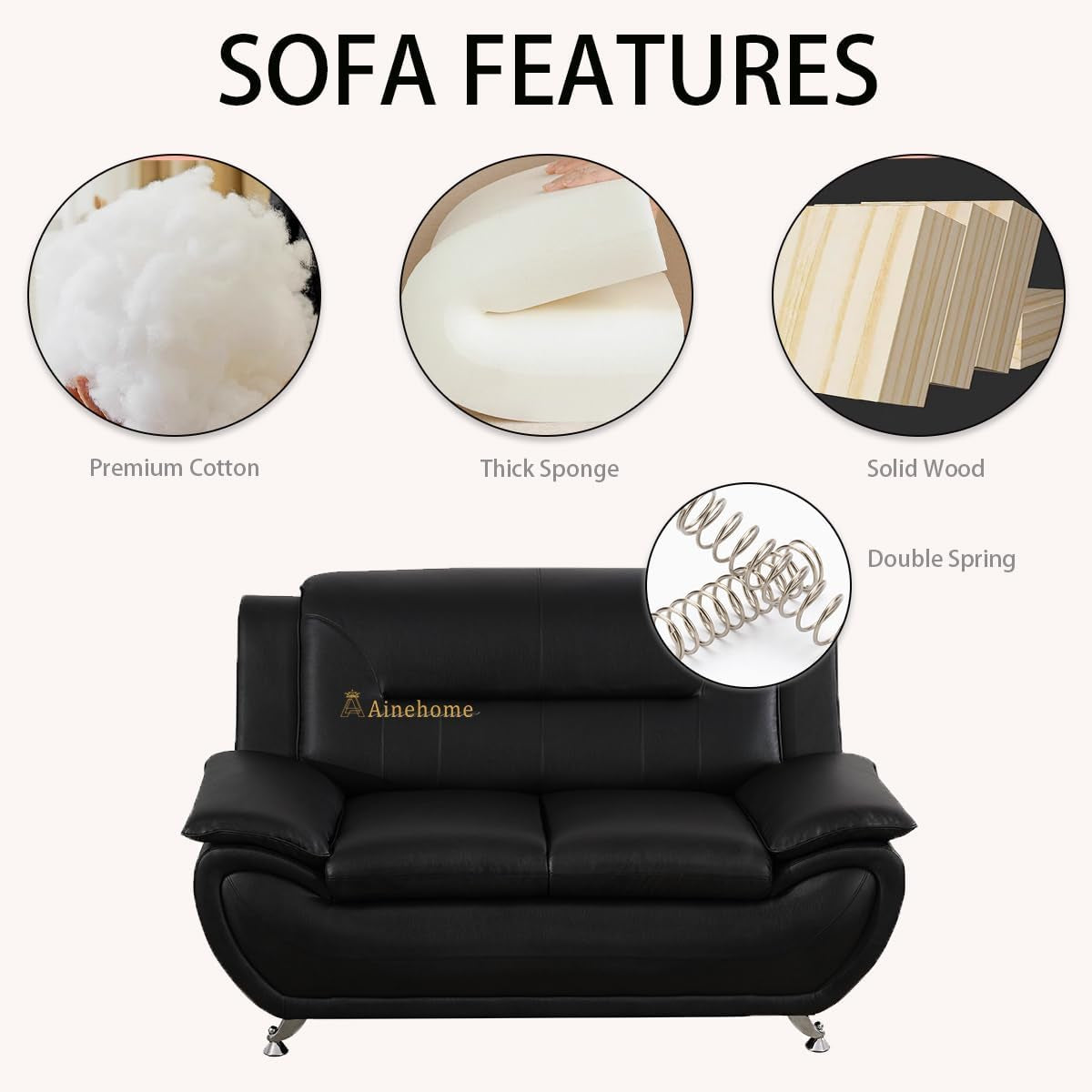 Sectional Sofa Sets, Living Room Furniture Sets Modern Faux Leather Sofa Couch 5-Seat Sofa for Living Room(A-Black, Sofa+Loveseat)-3