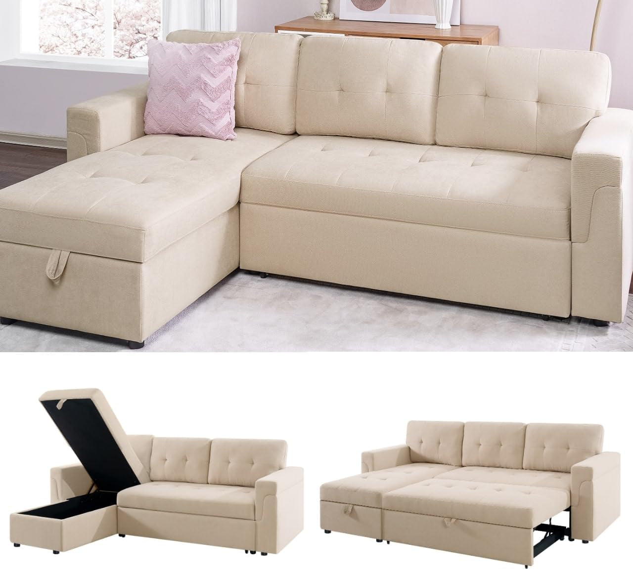 Transform Any Space: Sleeper Sectional Sofa with Convertible Sofa Bed & Inviting Chaise. Find Tranquil Comfort with Stress-Relieving Design & Durable Cushions - Beige/Velvet-0