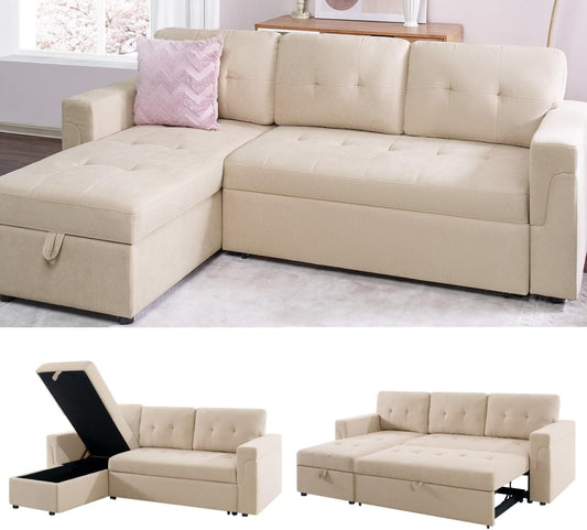 Transform Any Space: Sleeper Sectional Sofa with Convertible Sofa Bed & Inviting Chaise. Find Tranquil Comfort with Stress-Relieving Design & Durable Cushions - Beige/Velvet-0