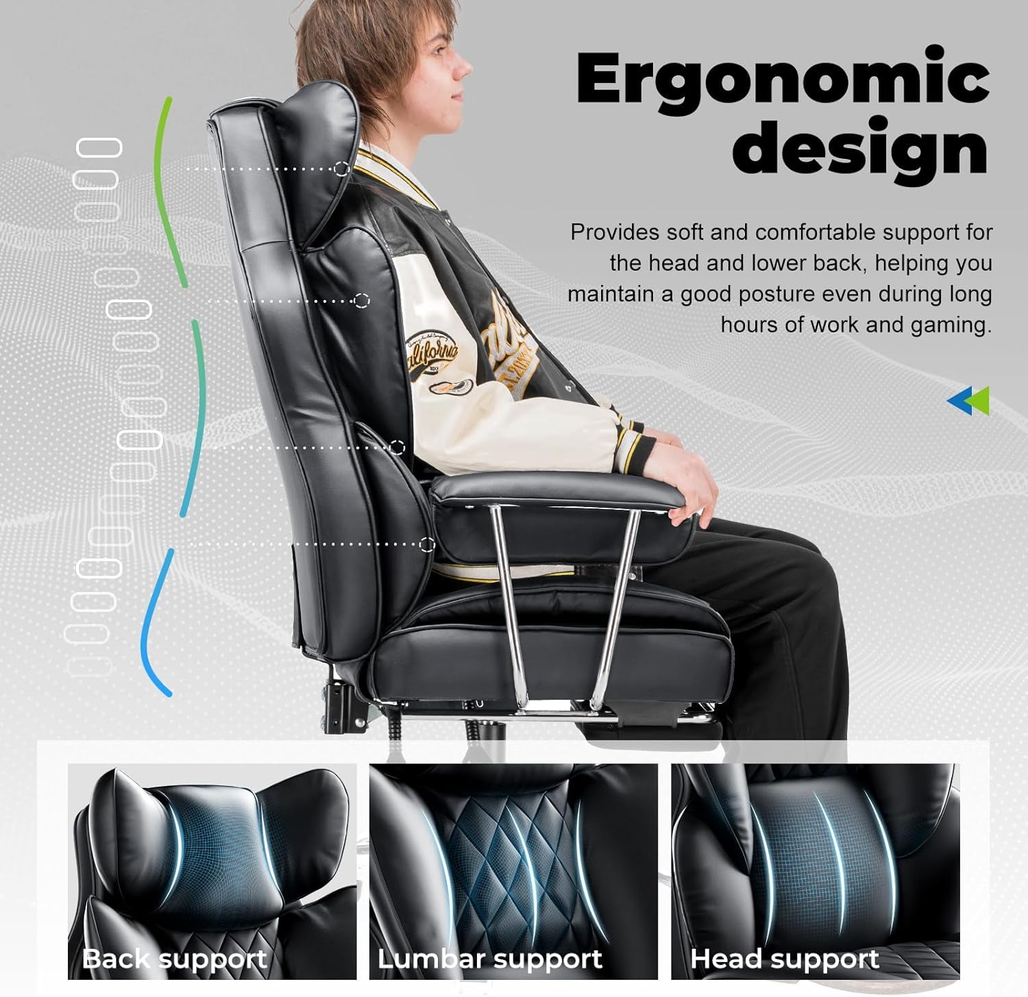 Big and Tall Gaming Chair with Pocket Spring Lumbar Support, Ergonomic Office Chair with Footrest, Executive Desk Chair with Outward Fixed Soft Armrests, Computer Chair with High Back, Black-2