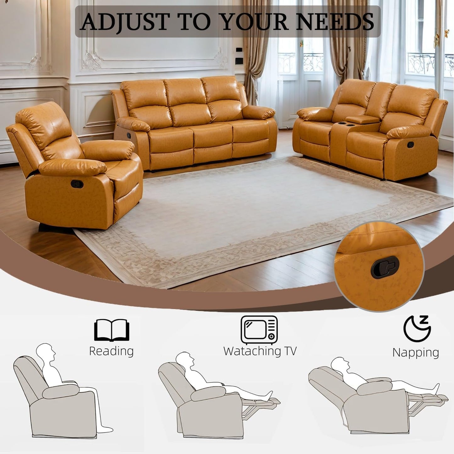 Leather Recliner Sofa Set，Leather Reclining Sofa Set for Living Room Furniture Sets，Ginger Recliner Couch Set for Living Room/Office/Theater Seating(Sofa Set 3 Pieces)-4