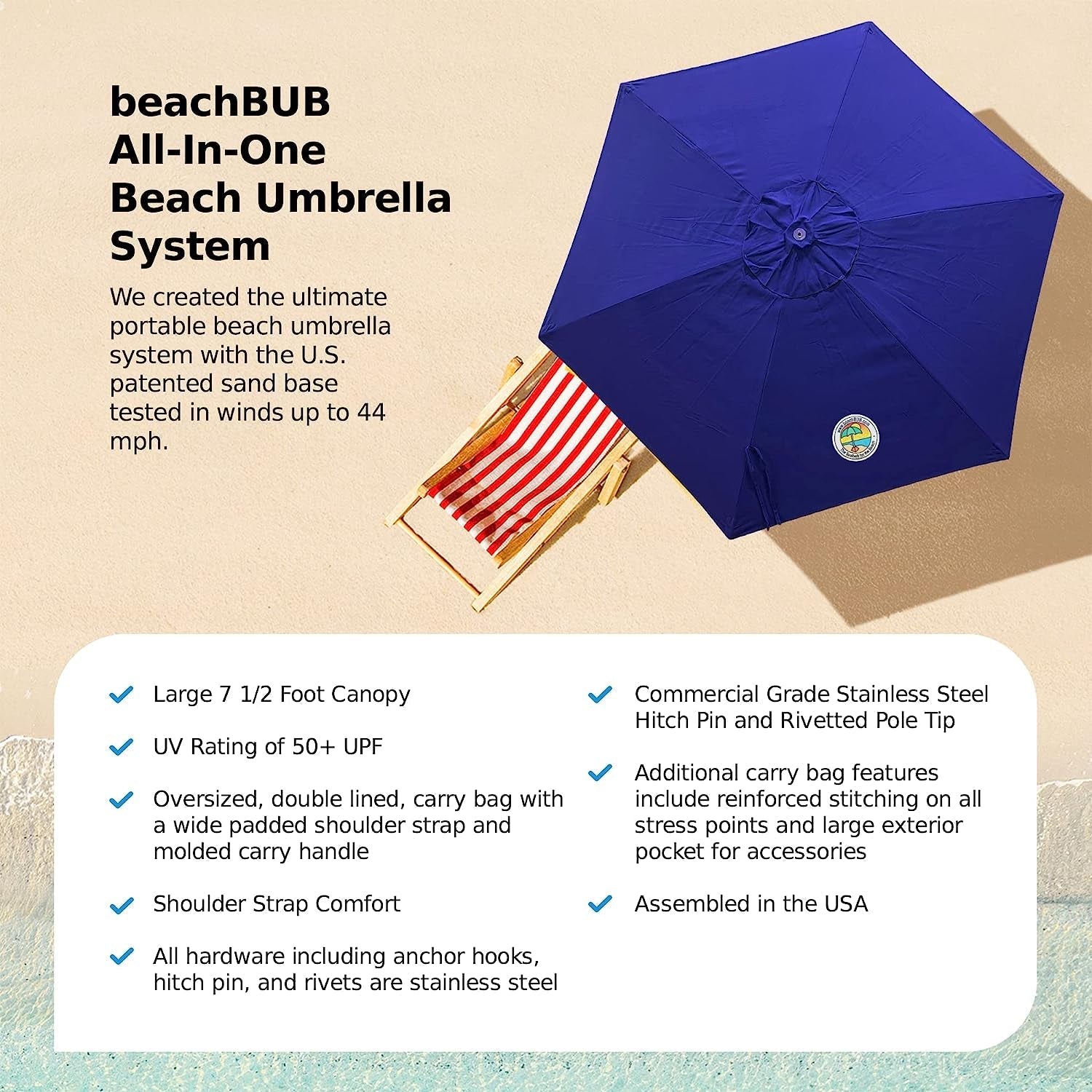 ALL-IN-ONE BEACH UMBRELLA SYSTEM. Includes ULTRA Base (Compliant with the ASTM F3681-24 Beach Umbrella Safety Standard). (Deep Ocean Blue)-4