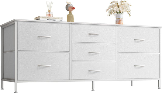 Dresser with 7 Fabric Drawers, 47 Inch Dresser TV Stand for 43, 50, 55 Inch TV, Dresser Chest of Drawers, PU Leather, Metal Frame, Storage Dresser for Bedroom, Nursery, Clothing, White Dresser-0