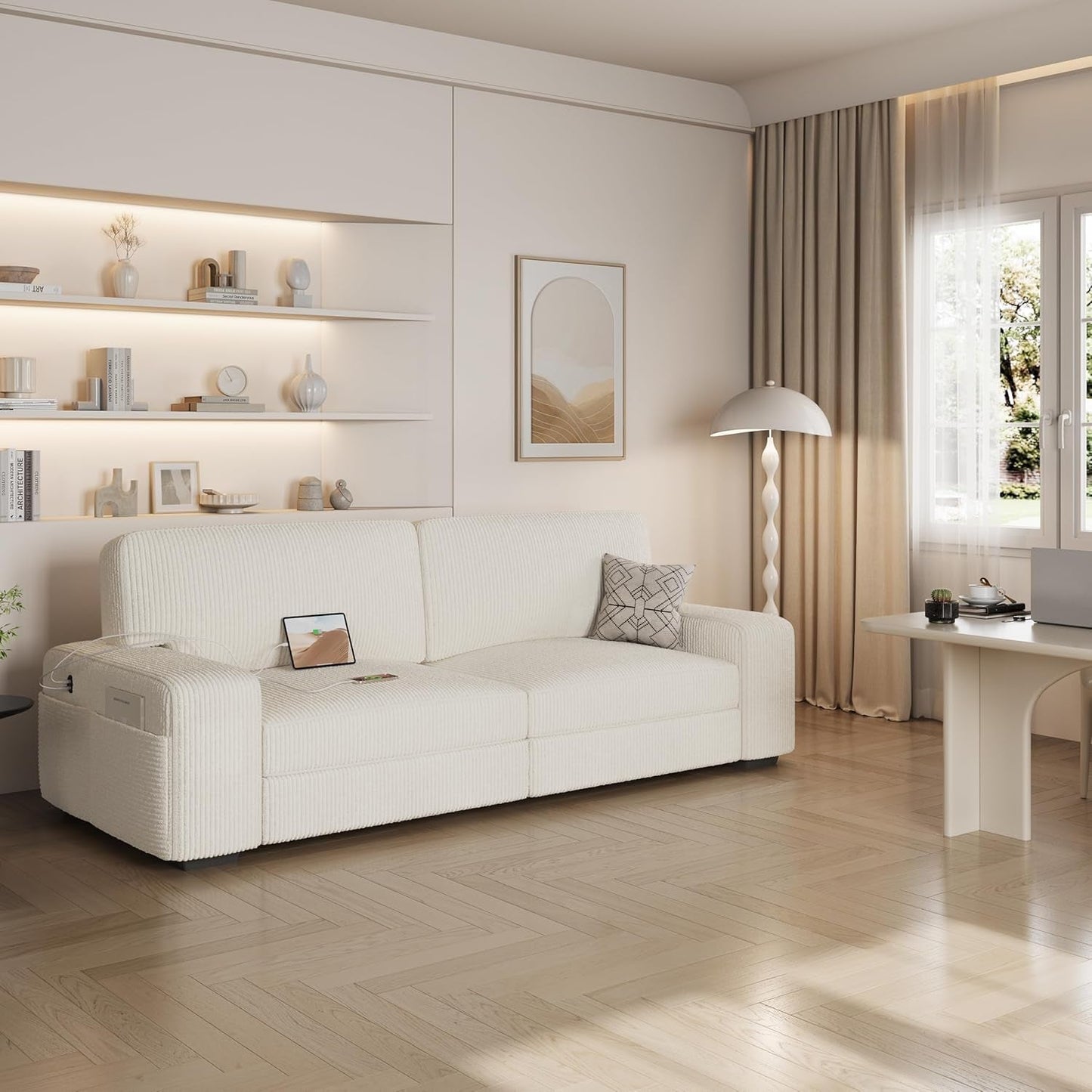 Sofa Modern Sofa Couch 2 Seater Corduroy Fabric Sofa with USB Charging Ports & Side Storage Pockets for Living Room Apartment, Ivory-3