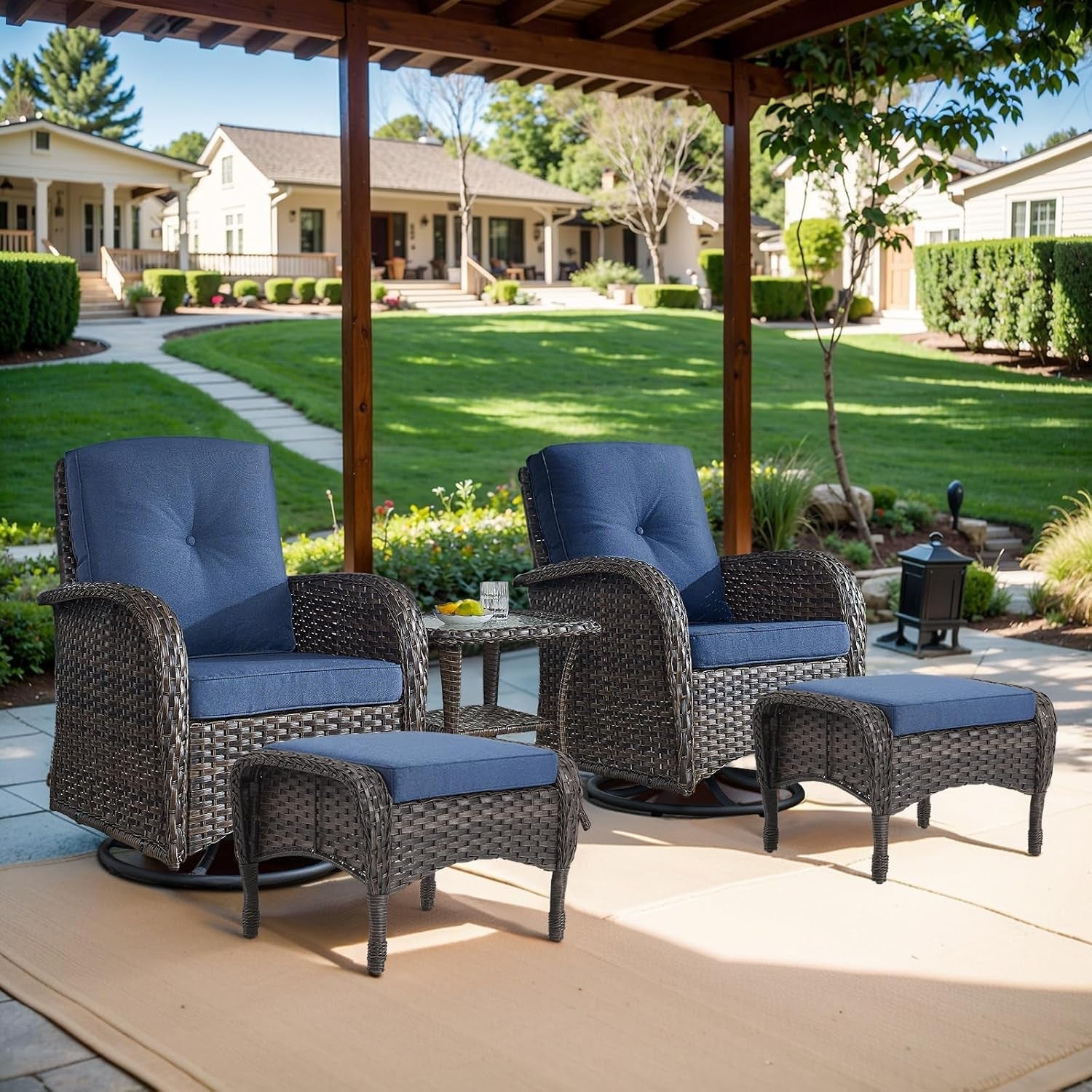 Small Conversation Sets Patio Funiture - 5 Piece Outdoor Swivel Rocker Wicker Furniture Sets with Ottomans Side Table Perfect for Patio Deck Backyard, Brown Wicker Blue Cushion-2