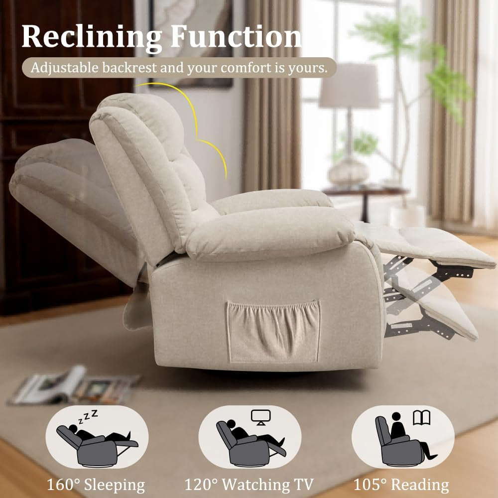 Recliner Chair, Wide Rocker Chair, Rocking Chair with Massage and Heat,360°Swivel Nursery Rocking Chairs, Oversized Recliner for Adults, Cashmere Reclining Sofa for Living Room, Beige-4