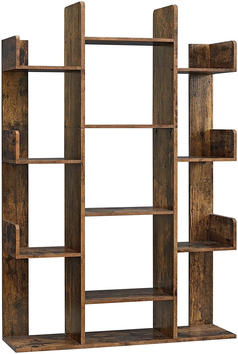 Bookshelf, Tree-Shaped Bookcase with 13 Storage Shelves, Rounded Corners, 9.8”D X 33.9”W X 55.1”H, Rustic Brown ULBC67BXV1-0