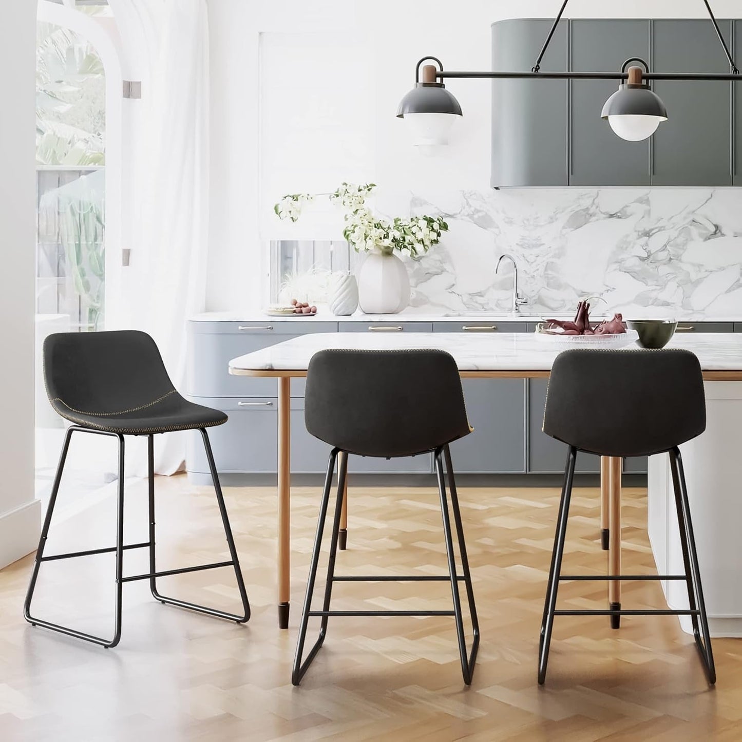 Bar Stools Set of 3, 24" ALX Faux Leather Barstools, Modern Counter Height Stools with Back and Metal Legs, Armless Counter Chairs for Kitchen Island, Black-2