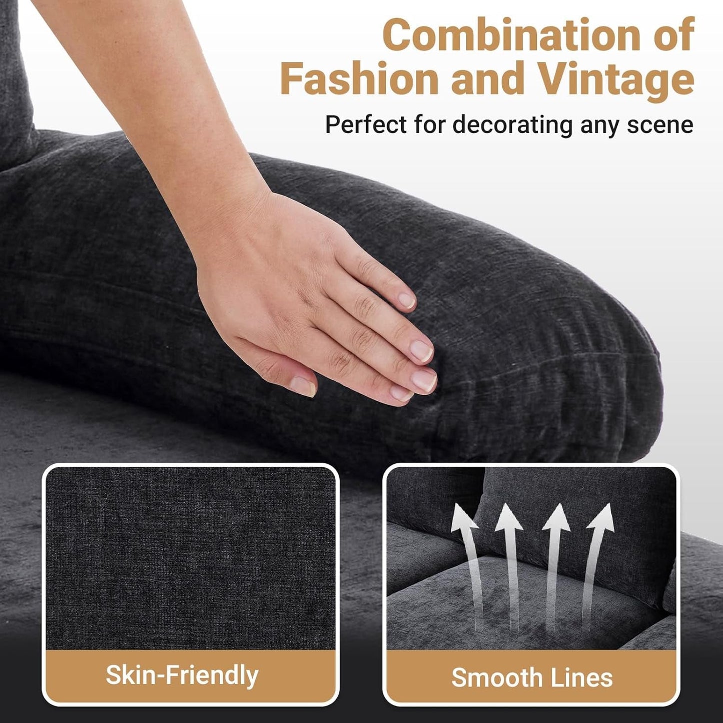 110" Sectional Couches for Living Room,U Shaped Couch with Double Chaise, 4-Seat Sofa Set with Chenille Fabric for Home Furniture,Black-3