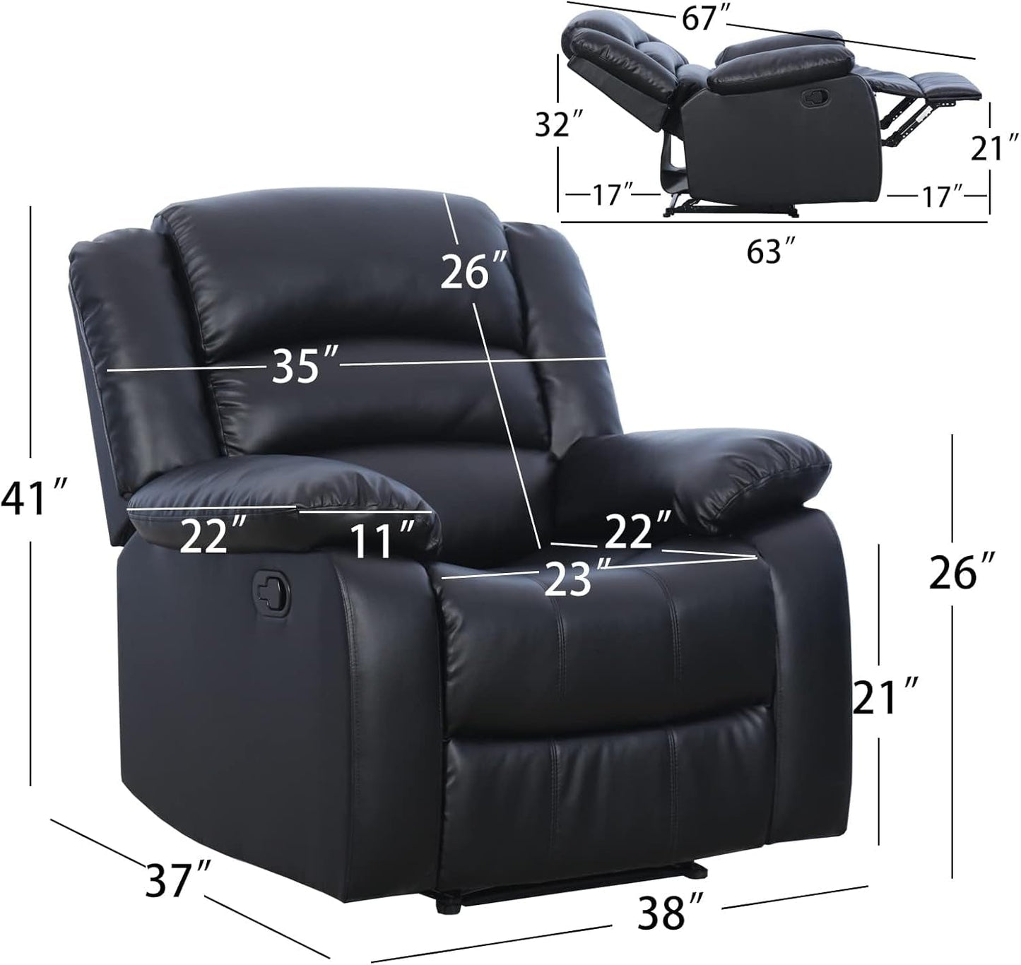 Black Recliner Chair Set of 2, with Overstuffed Arm and Back, Breathable Faux Leather Manual Reclining Chairs, Living Room Single Sofa Recliners-1