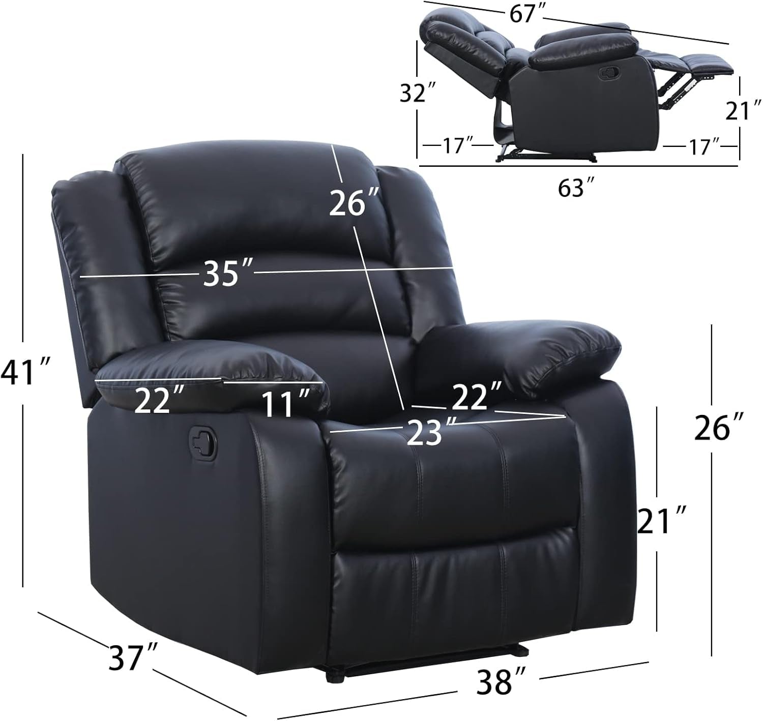 Black Recliner Chair Set of 2, with Overstuffed Arm and Back, Breathable Faux Leather Manual Reclining Chairs, Living Room Single Sofa Recliners-1