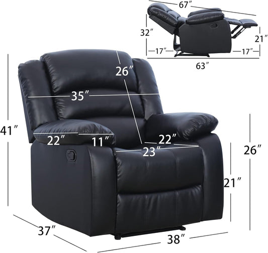 Black Recliner Chair Set of 2, with Overstuffed Arm and Back, Breathable Faux Leather Manual Reclining Chairs, Living Room Single Sofa Recliners-1