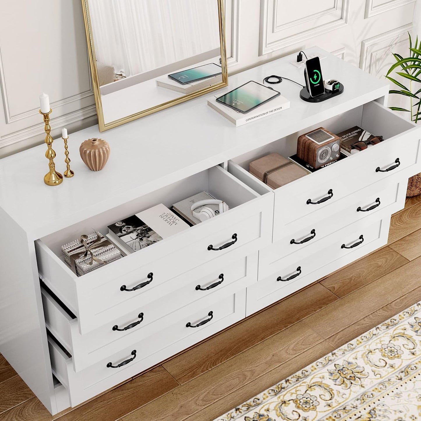 Farmhouse 6 Drawer Dresser for Bedroom, 60 Inch Large Modern Dresser TV Stand with Drawers & Bar Handles, Storage Dressers with Power Outlets, Rustic Wood Chest of Drawers, White-3