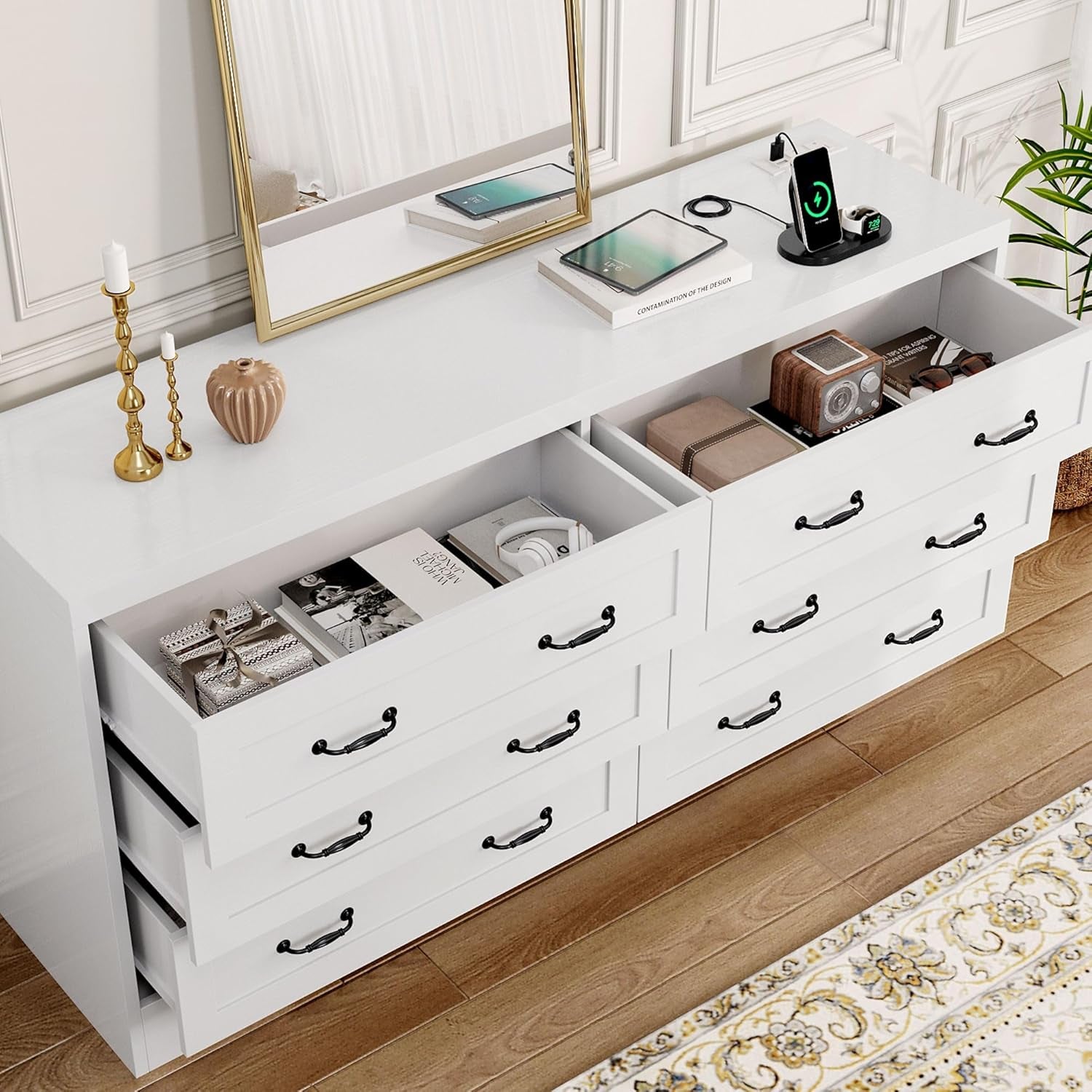 Farmhouse 6 Drawer Dresser for Bedroom, 60 Inch Large Modern Dresser TV Stand with Drawers & Bar Handles, Storage Dressers with Power Outlets, Rustic Wood Chest of Drawers, White-3