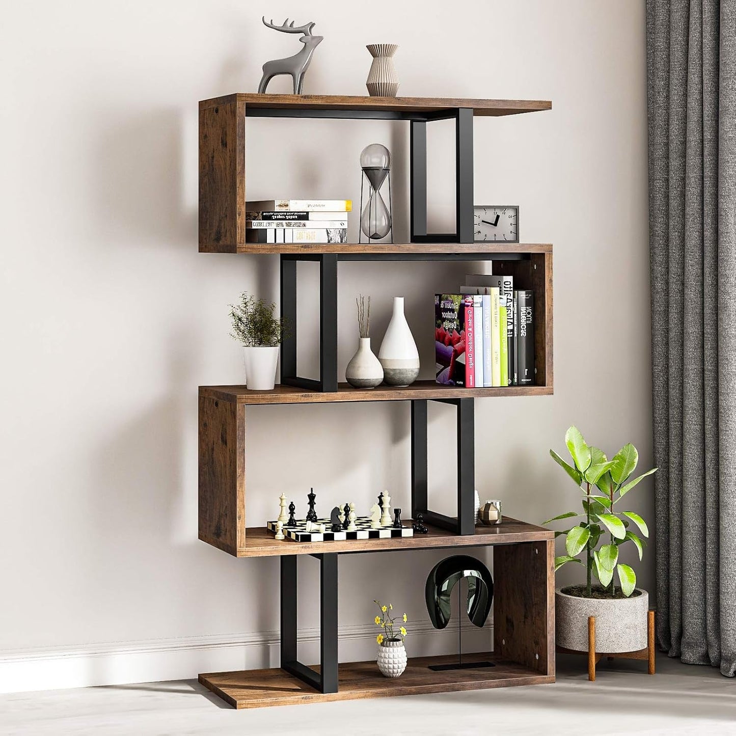 5-Tier Bookshelf, S-Shaped Z-Shelf Bookshelves and Bookcase, Industrial Freestanding Multifunctional Decorative Storage Shelving for Living Room Home Office, Retro Brown-2