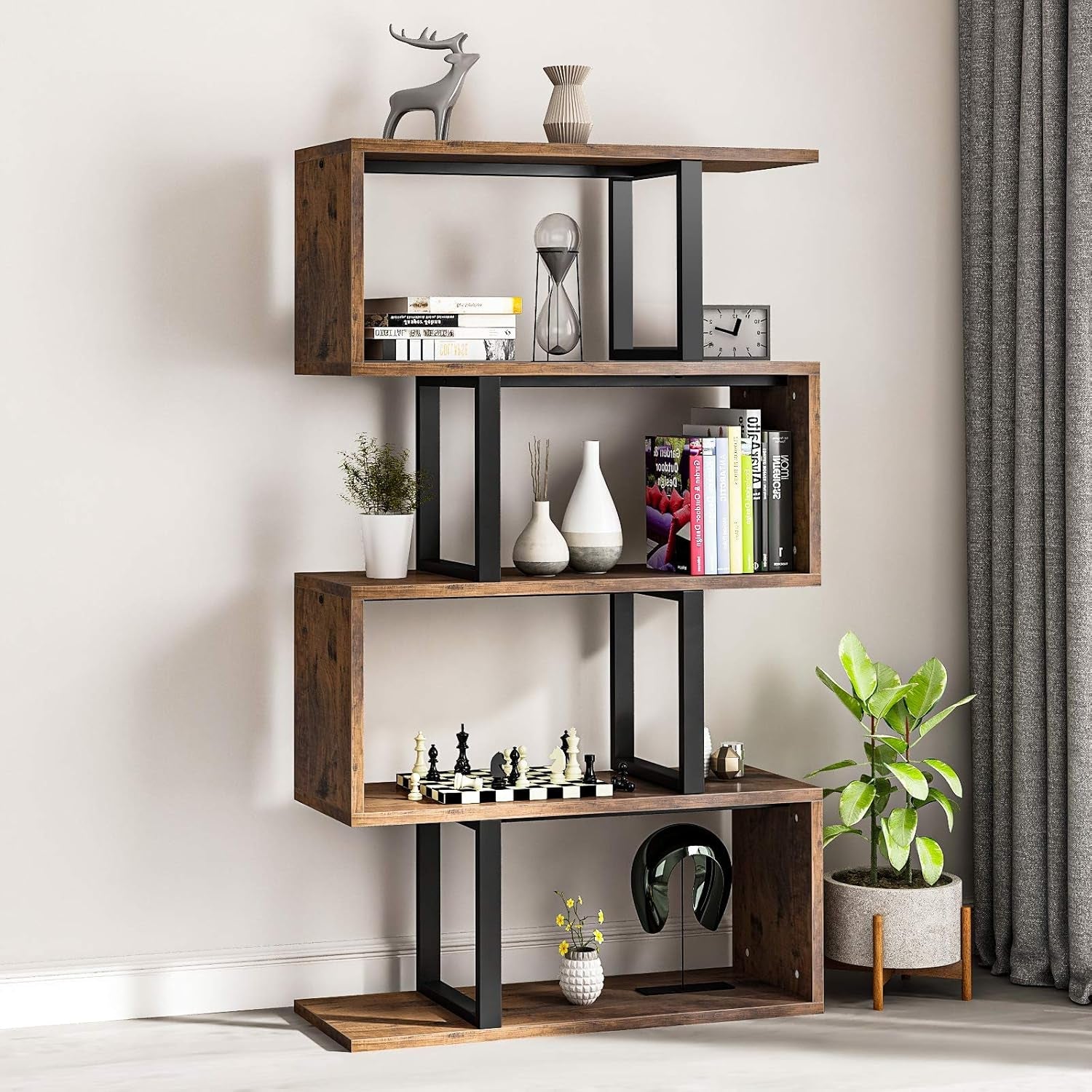 5-Tier Bookshelf, S-Shaped Z-Shelf Bookshelves and Bookcase, Industrial Freestanding Multifunctional Decorative Storage Shelving for Living Room Home Office, Retro Brown-2