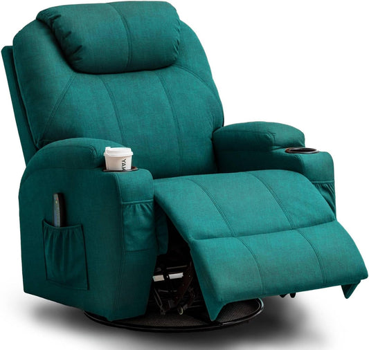 Recliner Chair, Rocking Recliner Chair for Adults with Massage and Heat, Swivel Rocker Recliner Chair with Remote and Cup Holder, Cashmere Manual Recliner for Nursery, Living Room, Green-0