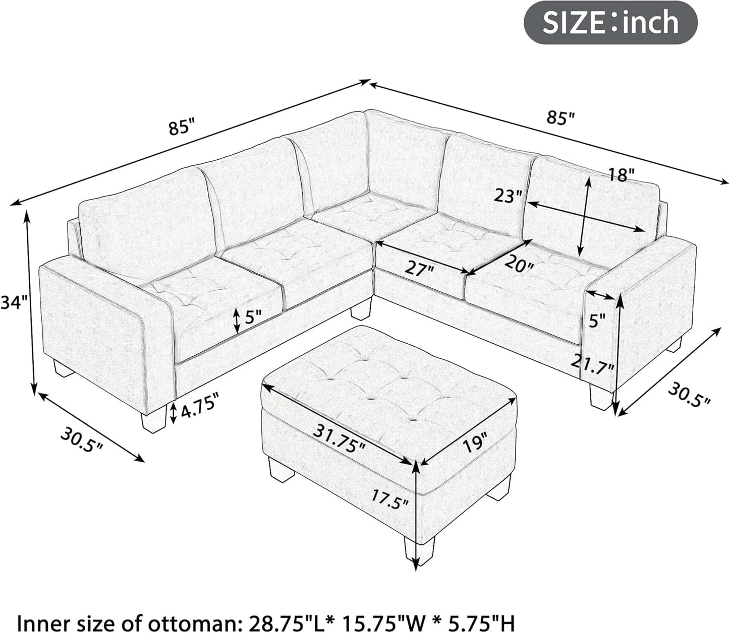 Sectional Sofas 3-Seat Sofa Sectional Sofa Couches with Reversible Chaise Storage Ottoman and 2 Cup Holders, Sofa Lounge and Ottoman for Living Room Furniture-1