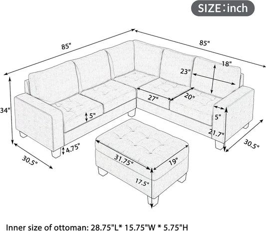 Sectional Sofas 3-Seat Sofa Sectional Sofa Couches with Reversible Chaise Storage Ottoman and 2 Cup Holders, Sofa Lounge and Ottoman for Living Room Furniture-1