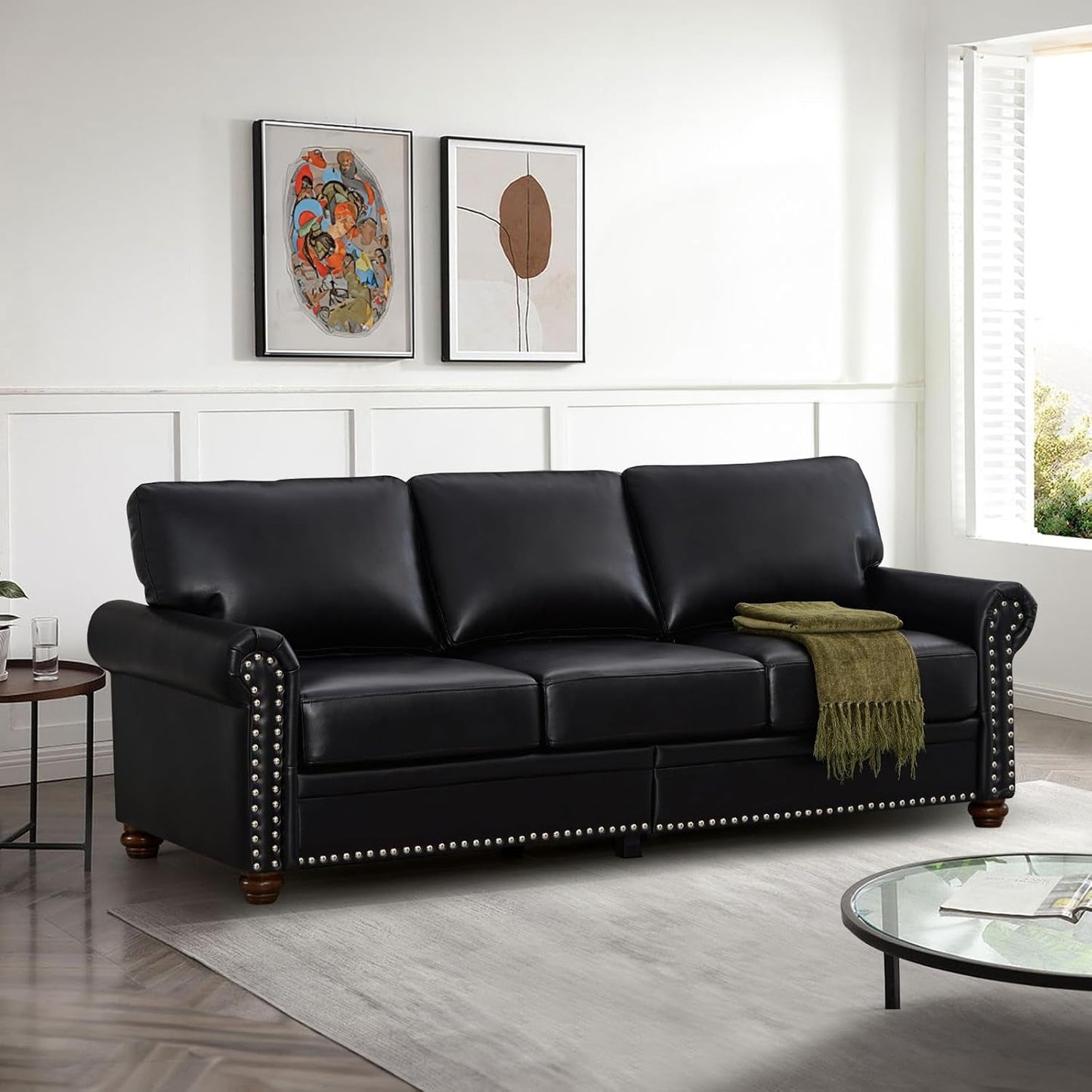 2-Piece Comfy Upholstered PU Leather Sofa Couch Set, Mid-Century Modern Loveseat Sofa+3 Seater Couch with Storage Space for Living Room, Furniture Set, Black-2