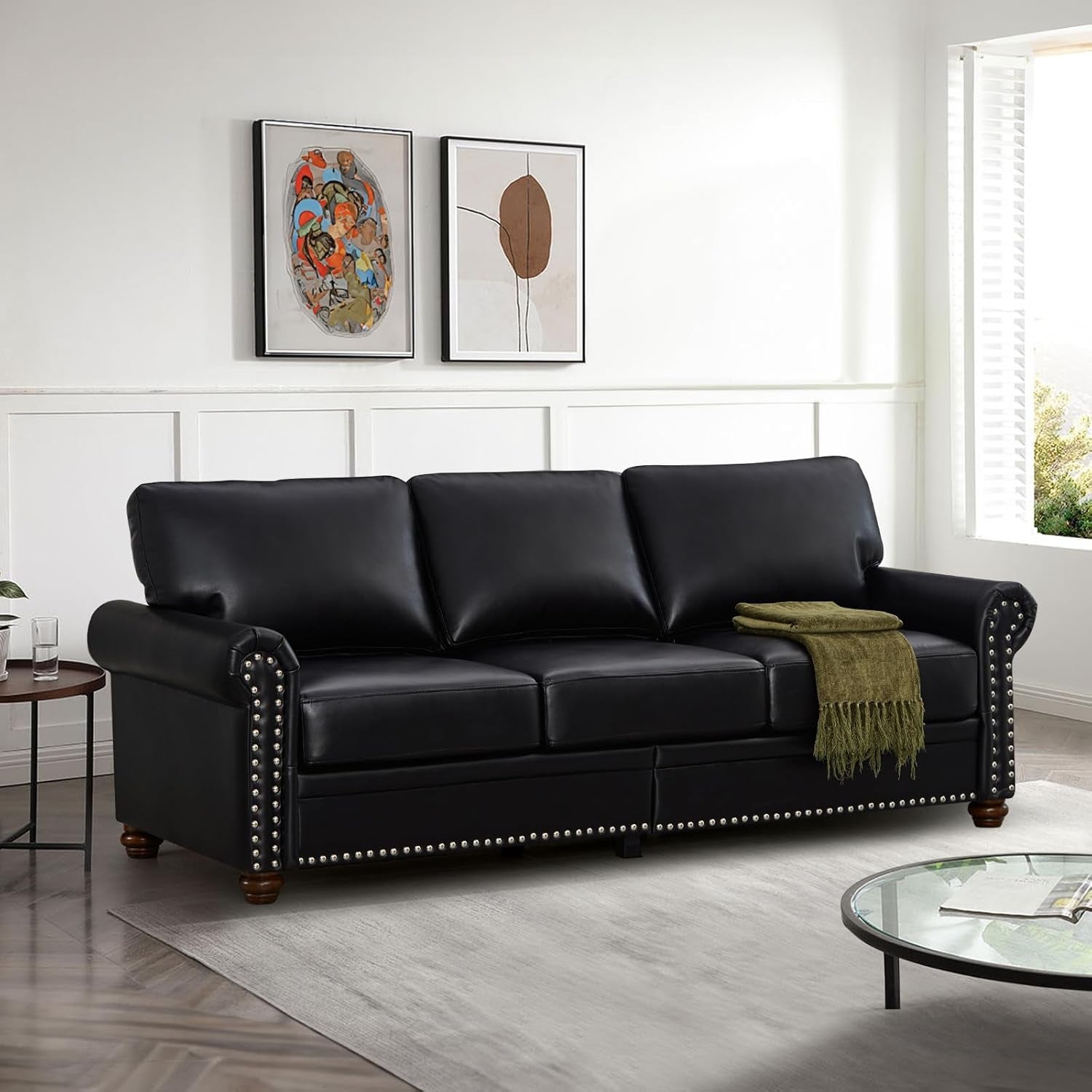 2-Piece Comfy Upholstered PU Leather Sofa Couch Set, Mid-Century Modern Loveseat Sofa+3 Seater Couch with Storage Space for Living Room, Furniture Set, Black-2