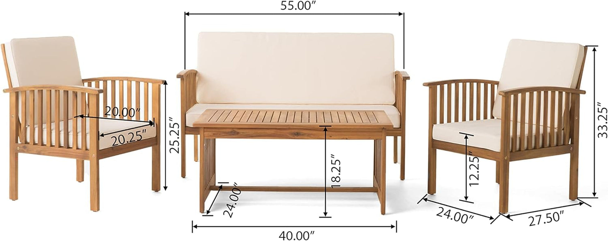 Patio Furniture Set 4 Pieces Outdoor Acacia Wood Conversation Sets with Coffee Table & Cushions, Garden Conversation Bistro Sets for Patio, Lawn, Yard, Pool or Backyard, Brown-3