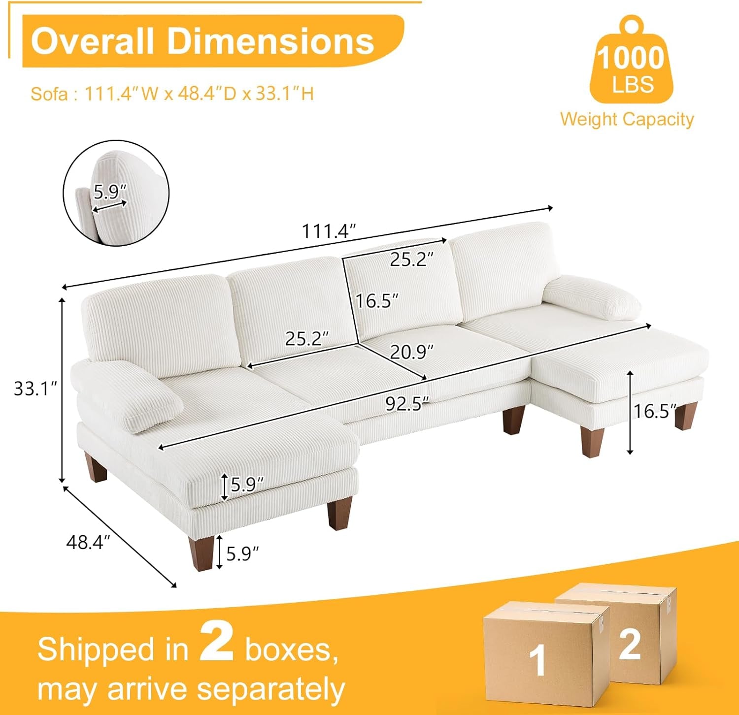 Beige 111" U-Shape Corduroy Sectional Sofa with Chaises-1